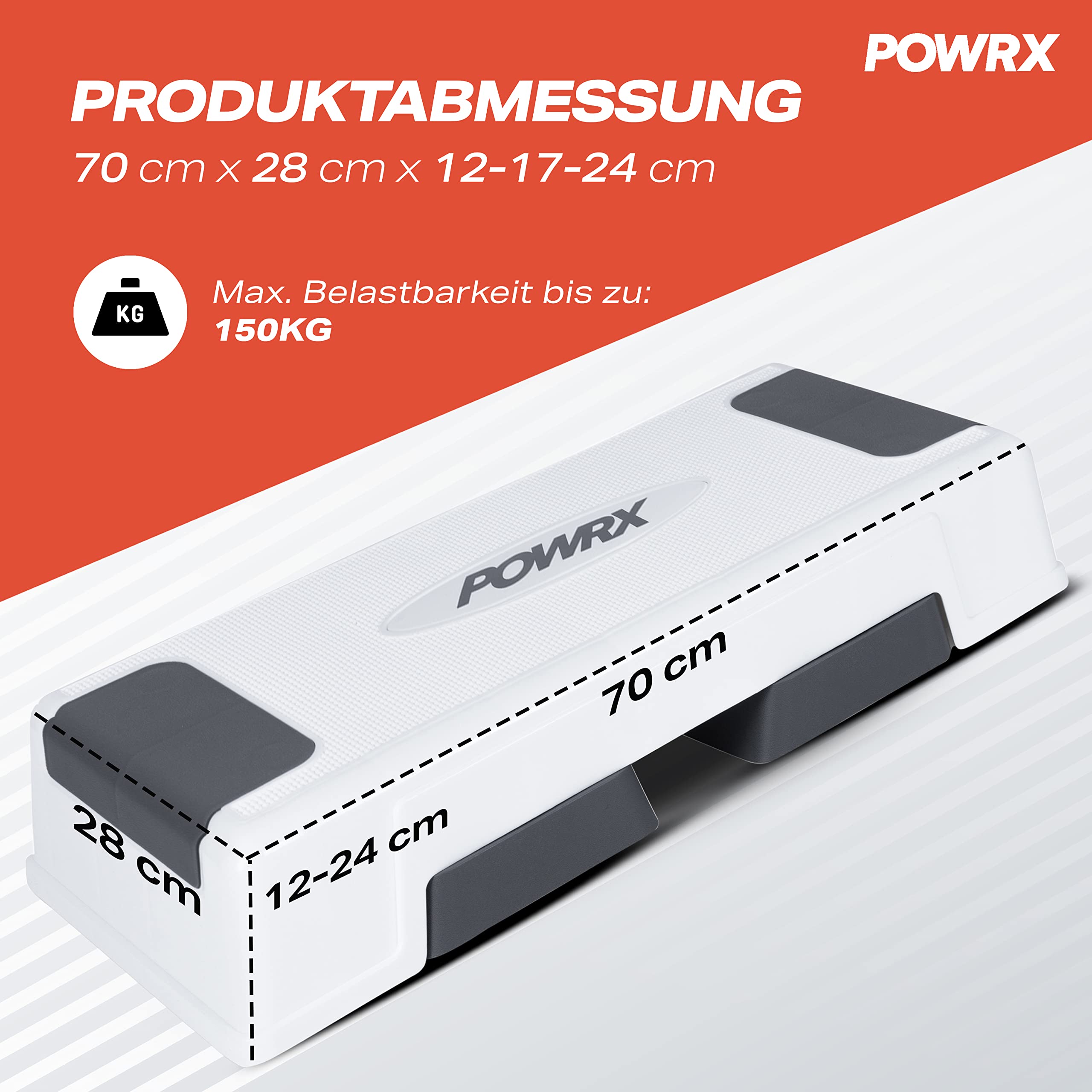POWRX Aerobic Steppbrett 12/17/24cm (3 Stufen) Weiß I Stepper höhenverstellbar und rutschfest für Aerobic, Gymnastik und Fitness I Home Step Stepbench