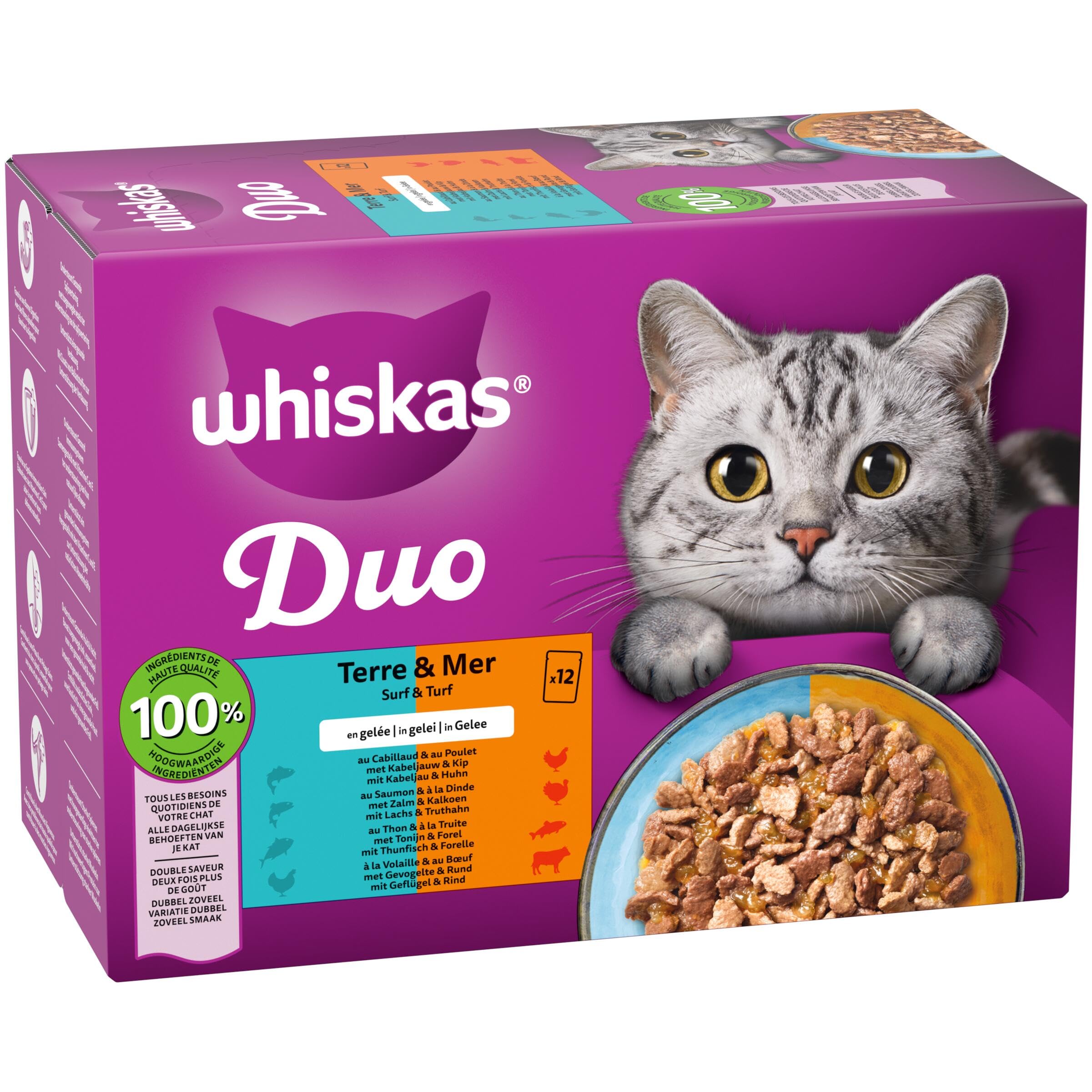 WHISKAS DUO Aliment humide en gelée pour chat adulte 12x85g Terre & Mer (Lot de 4) 48 Sachets