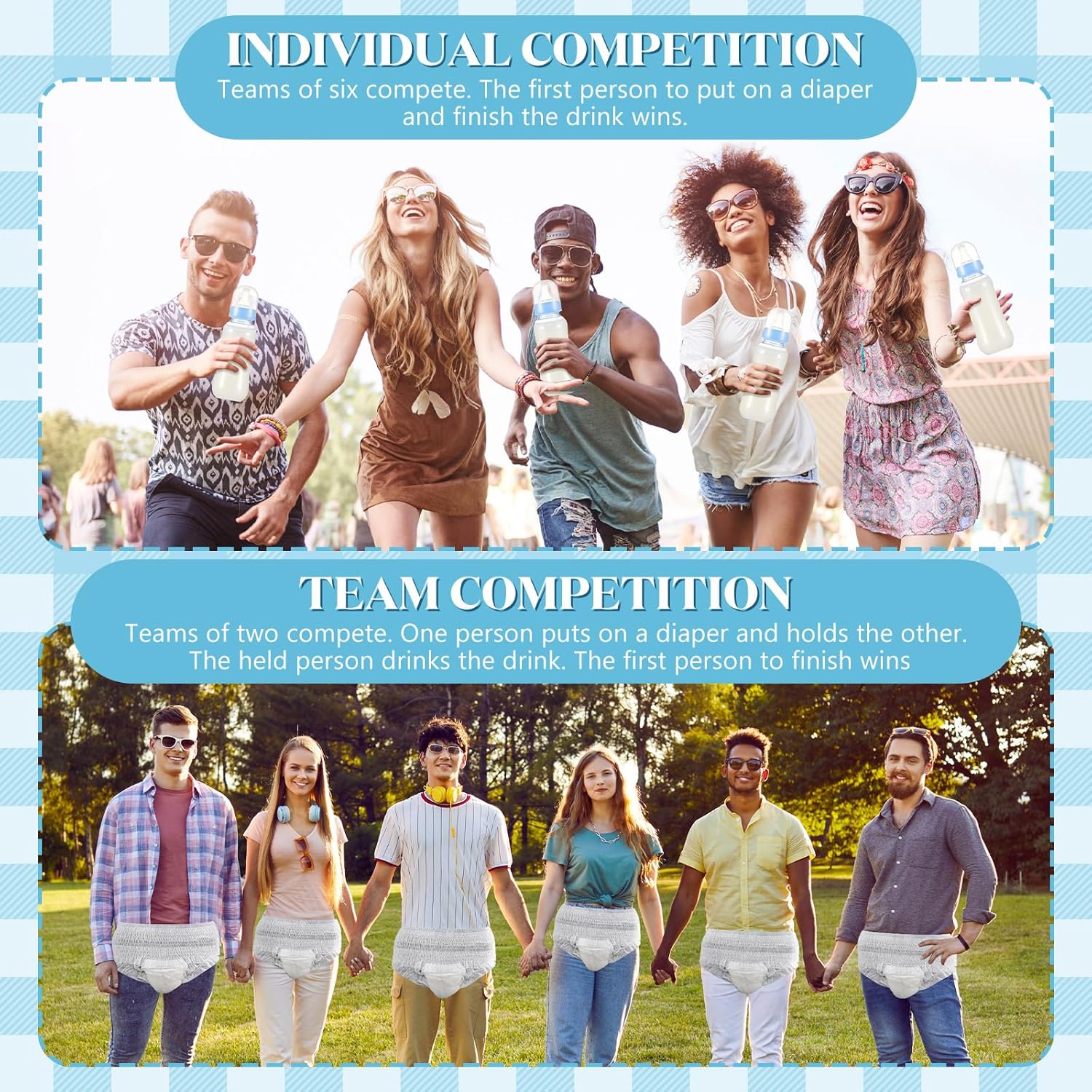 Soulchen 4 Baby Shower Games Set for 6 Guests Include Bottle Chug Baby Shower Game, Tie Your Shoe, Hunt Socks and My Water Broke Juegos Para Theme Party Activitie for Adults Gender Reveal(Lovely,Blue)