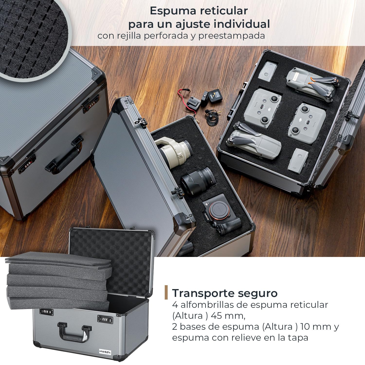 HMF 14412-02 Maletín fotográfico de Aluminio, maletín para miniaturas con Espuma precortada | 46 x 33 x 26 cm