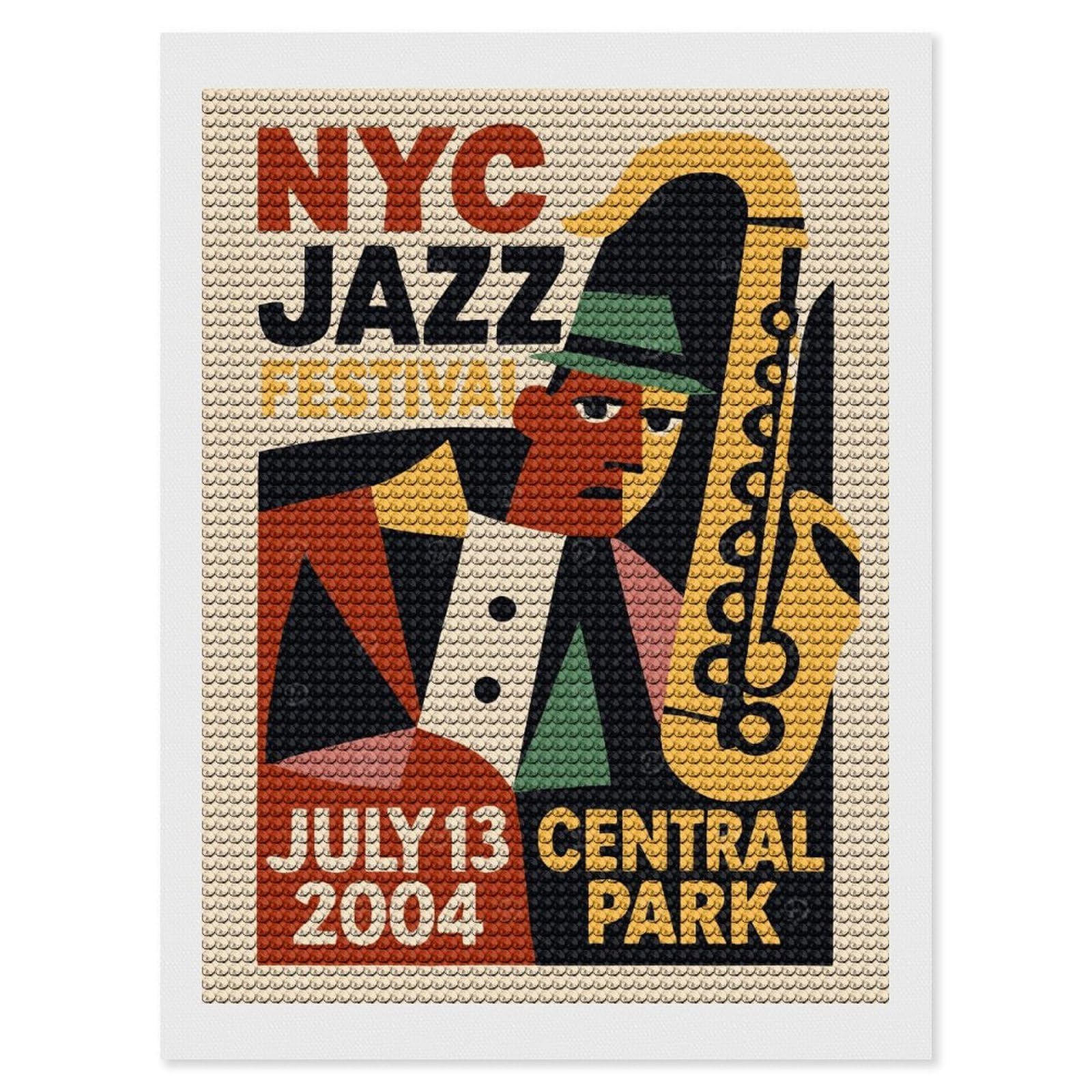 Junmoney NYC Jazz Festival Diamond Painting Canvas Kit 12"x16", Round Gems, Living Room Decor, Seasonal Gift Choice, Modern Decor