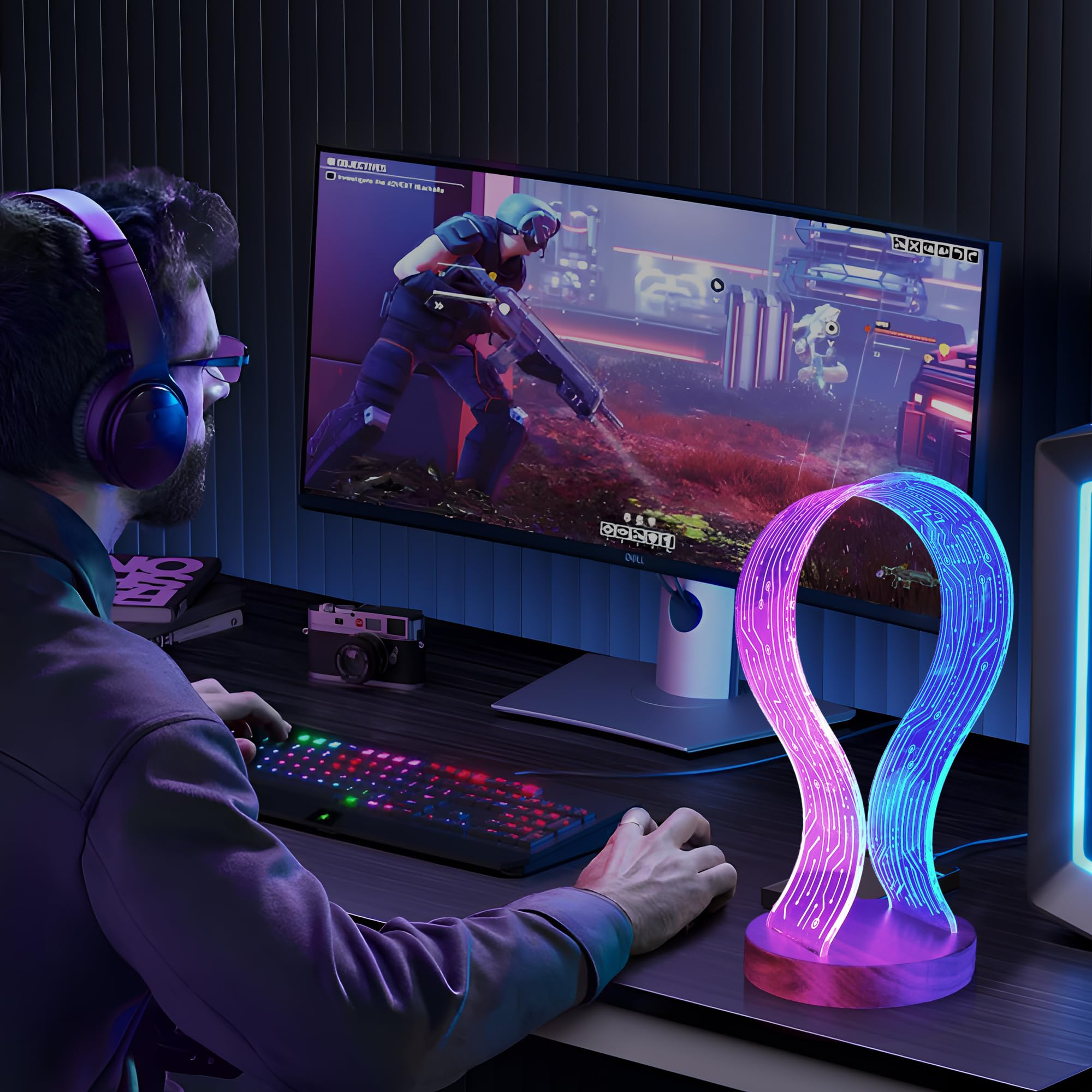 CoolGift Mart Regali per giocatori e amanti della musica, supporto per cuffie luminoso, supporto per cuffie in legno di noce con luce notturna a LED blu e rosa, accessorio da scrivania ideale