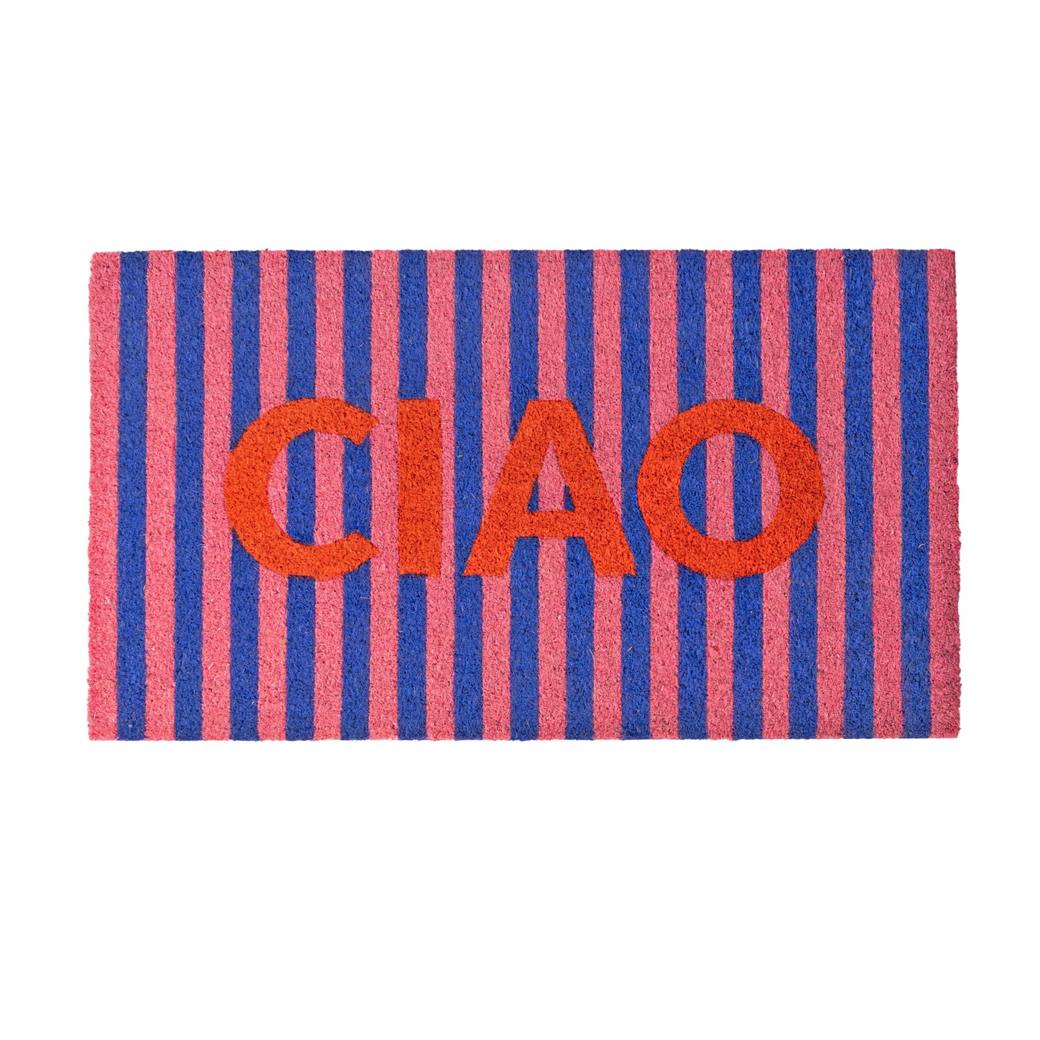fisura. – Paillasson d'entrée Ciao en Fibre de Coco avec Base antidérapante en PVC. Tapis Original à Rayures Roses, Bleues et Rouges Peint à la Main. Dimensions : 70 cm x 40 cm