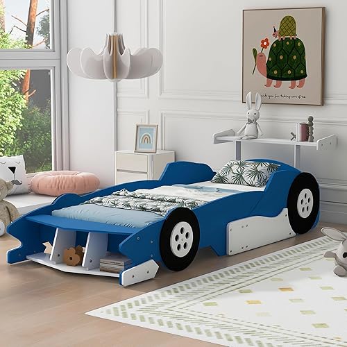 Miniatura 12 de Cama de plataforma en forma de auto de carreras con ruedas, cama de plataforma de tamaño matrimonial con soporte de listones de madera y barandillas