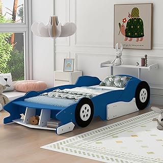 Harper & Bright Designs Twin Size Race Car Bed with Wheels, Wood Car-Sha...