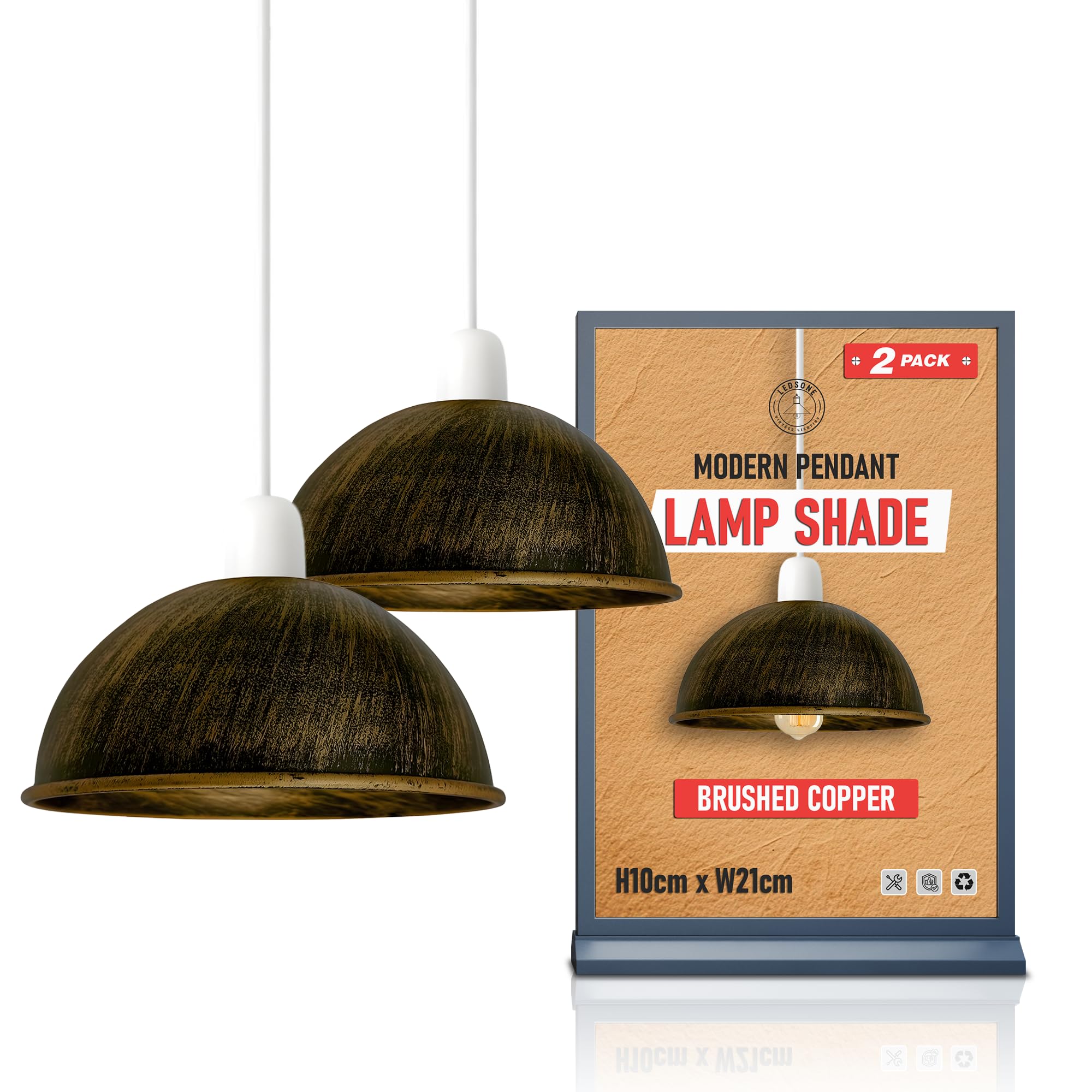 2 Pack Vintage Brushed Copper Metal Lamp Shades – E27 Easy Fit Pendant Ceiling Light Shades, 21cm x 10cm Antique Rustic Dome Replacement for Living Room, Dining Room, Kitchen & Bedroom