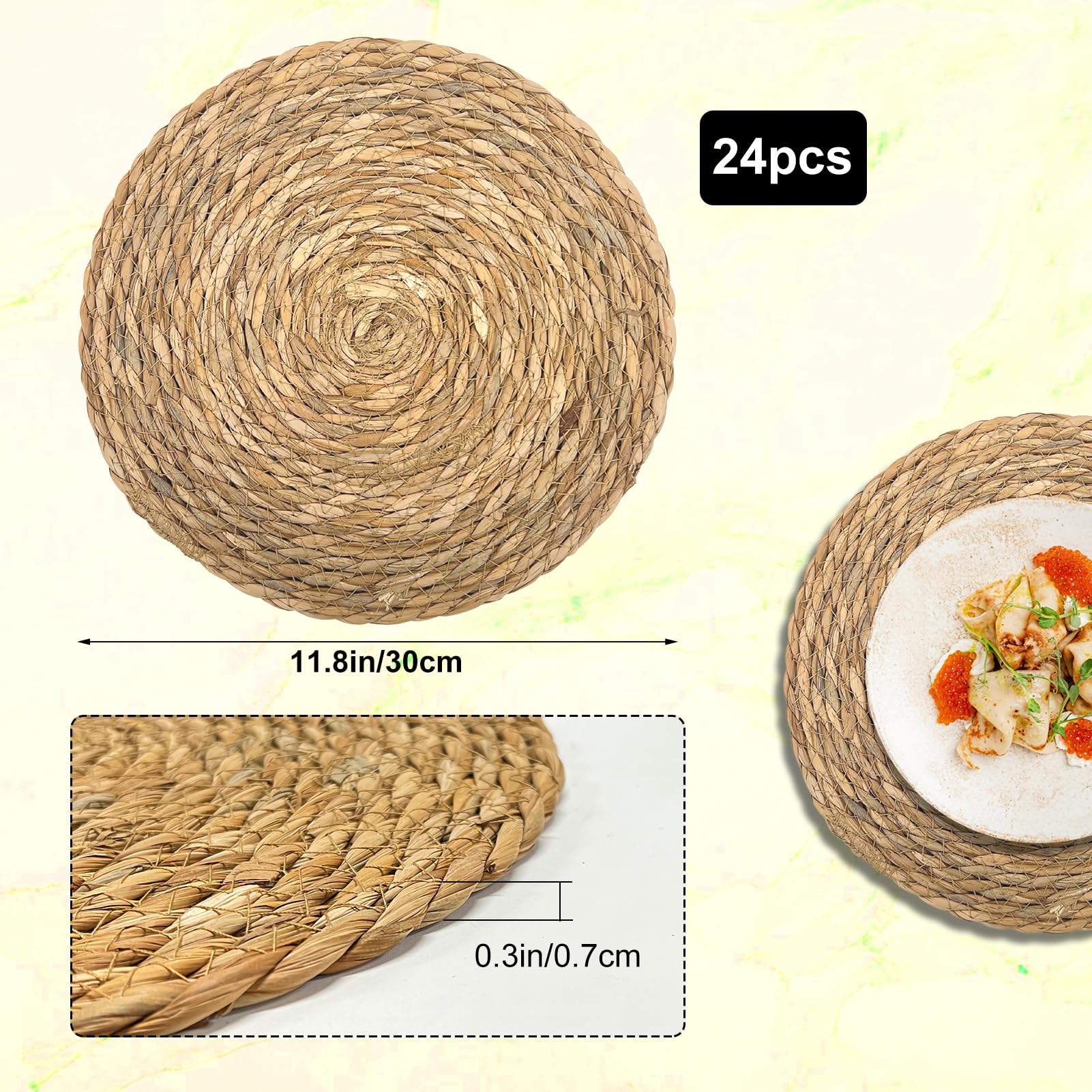 24er Set Runde Platzsets 30 cm, Boho Tischsets Naturgeflecht, Hitzebeständig & rutschfest, Handgewebte Tischmatten im Rustikalen Stil für Esstisch & Dekoration