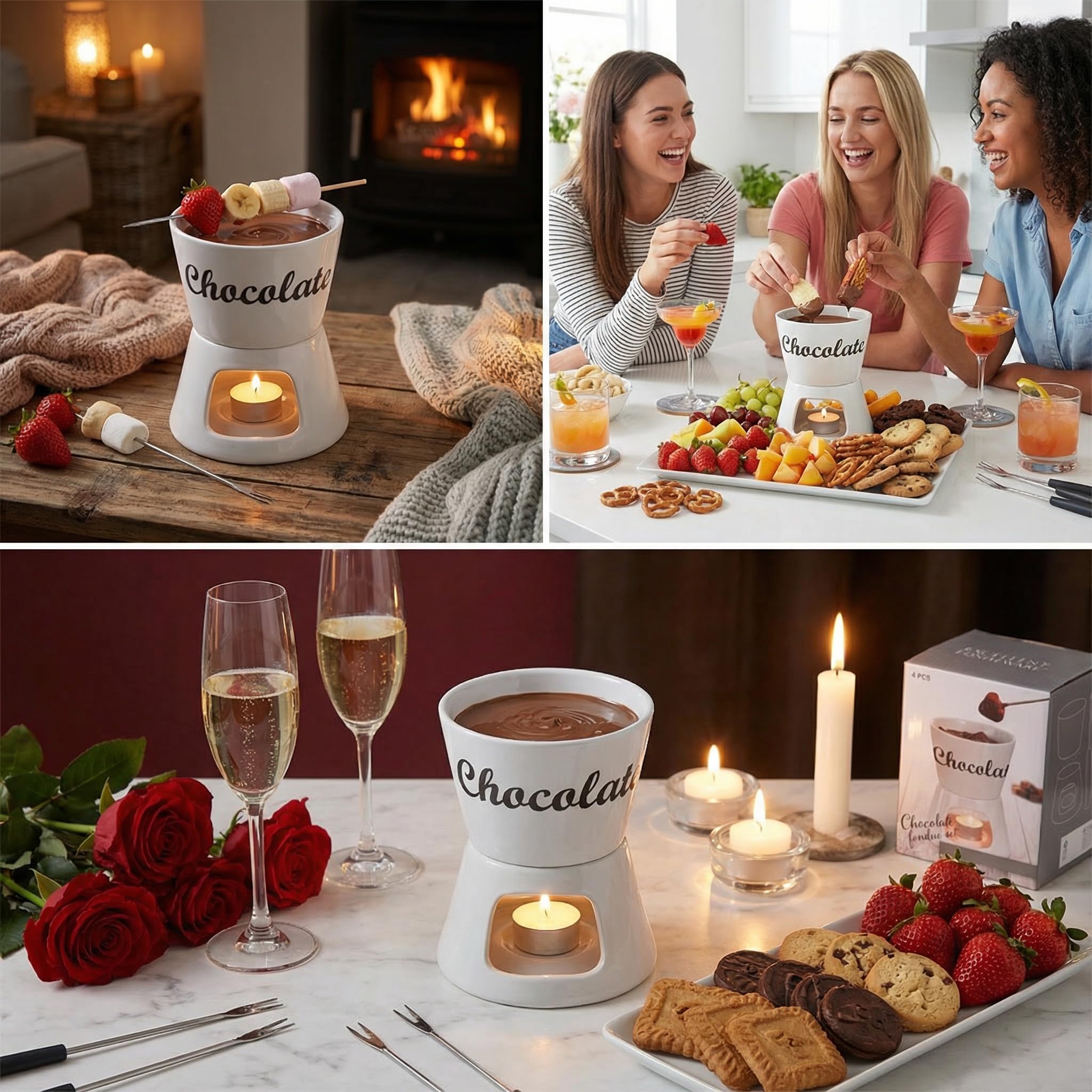MIJOMA Set per fonduta di cioccolato, con 2 forchette per fonduta di cioccolato, Ø ca. 12 x 15 cm, colore: Bianco