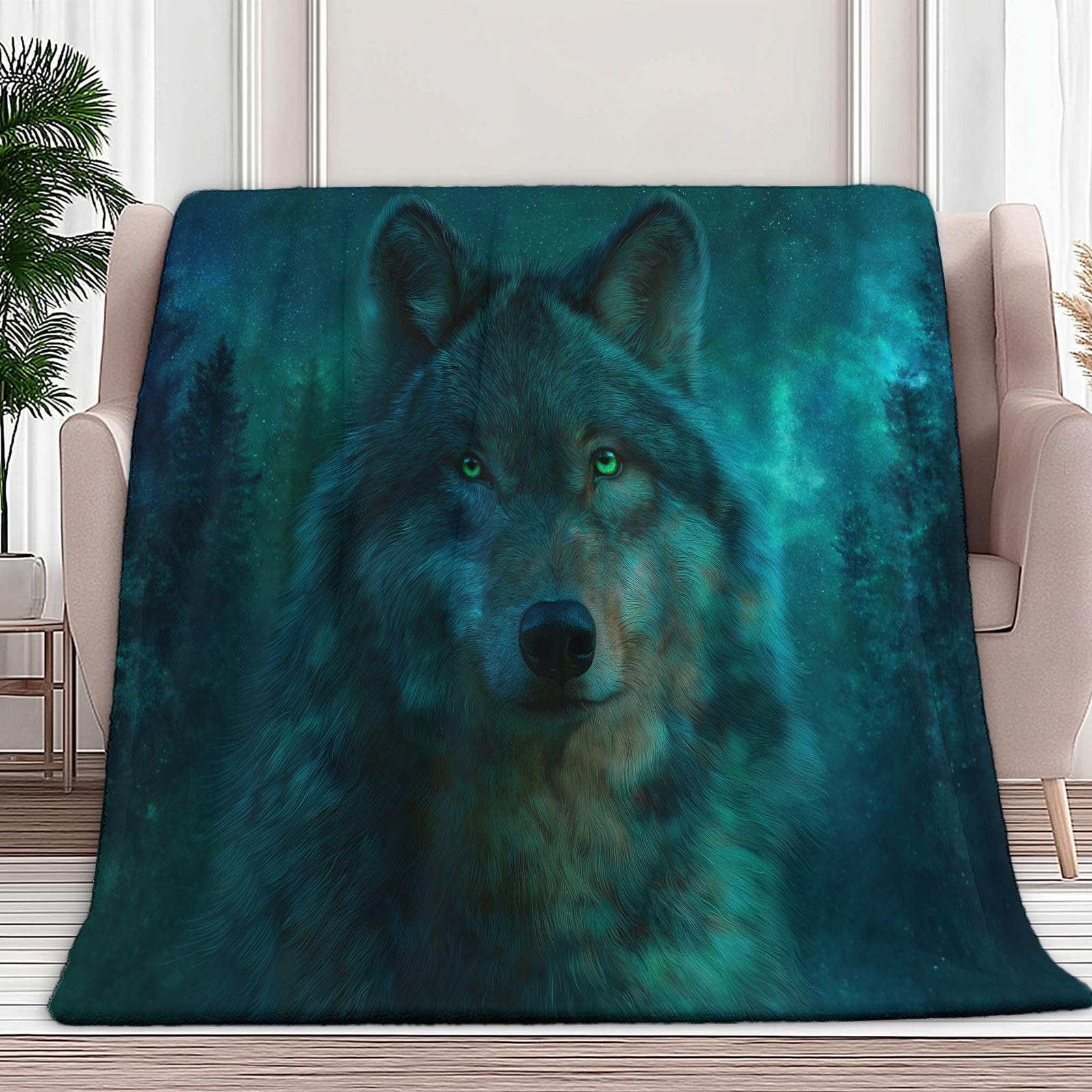 Genérico Wełniany koc 220 x 240 cm zwierzę fantastyczny magiczny las wilk szerpa wełniany koc, zielony flanelowy koc polarowy koc pluszowy dzieci dorośli młodzież łóżko sofa sypialnia żłobek koce