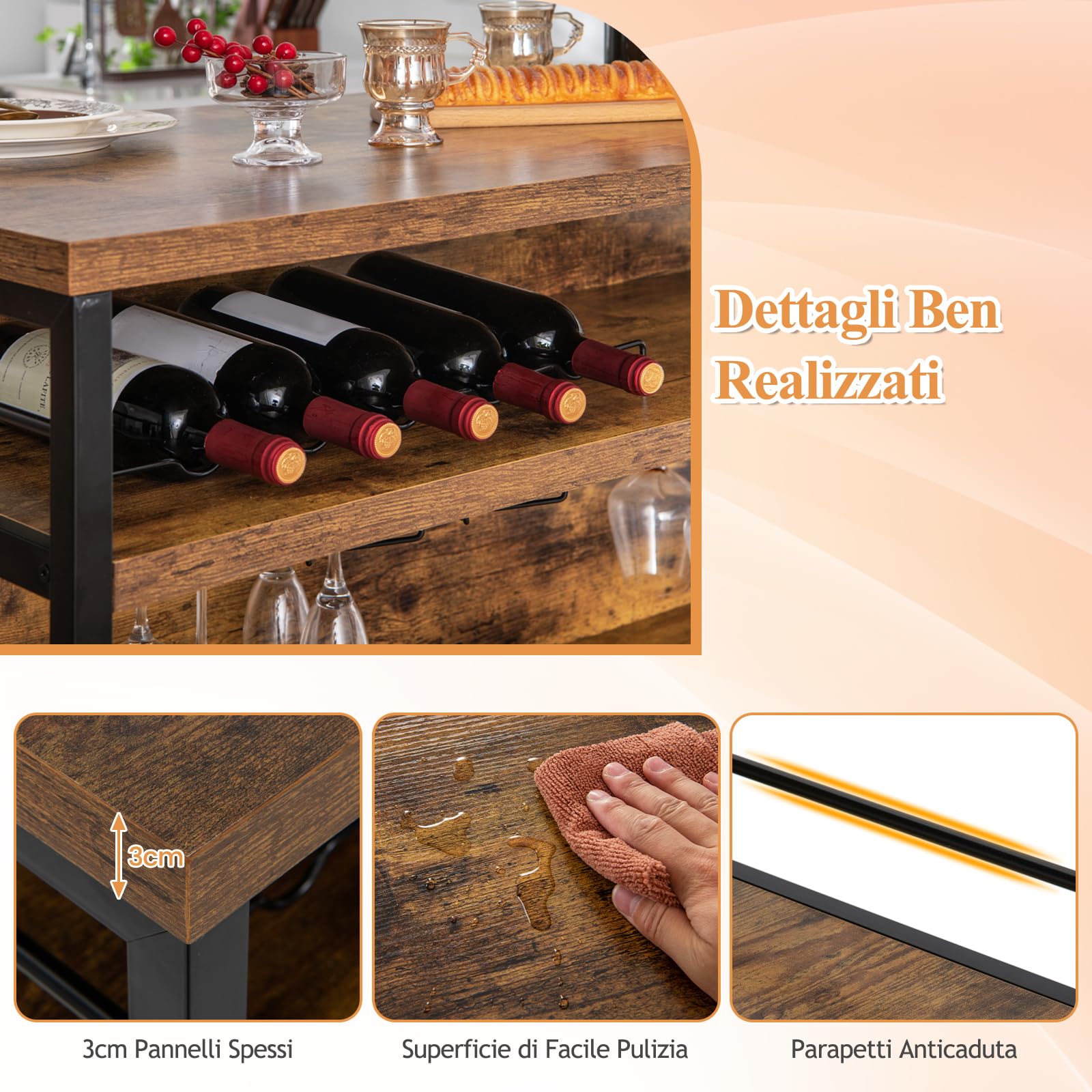 GYMAX Mobile Bar Industriale per Casa, Isola da Cucina a 4 Livelli con Ripiani, Portabottiglie, Porta Calici, con Poggiapiedi Lungo, Perfetto per Angolo Bar di Casa, Bar, Ristorante (Marrone)