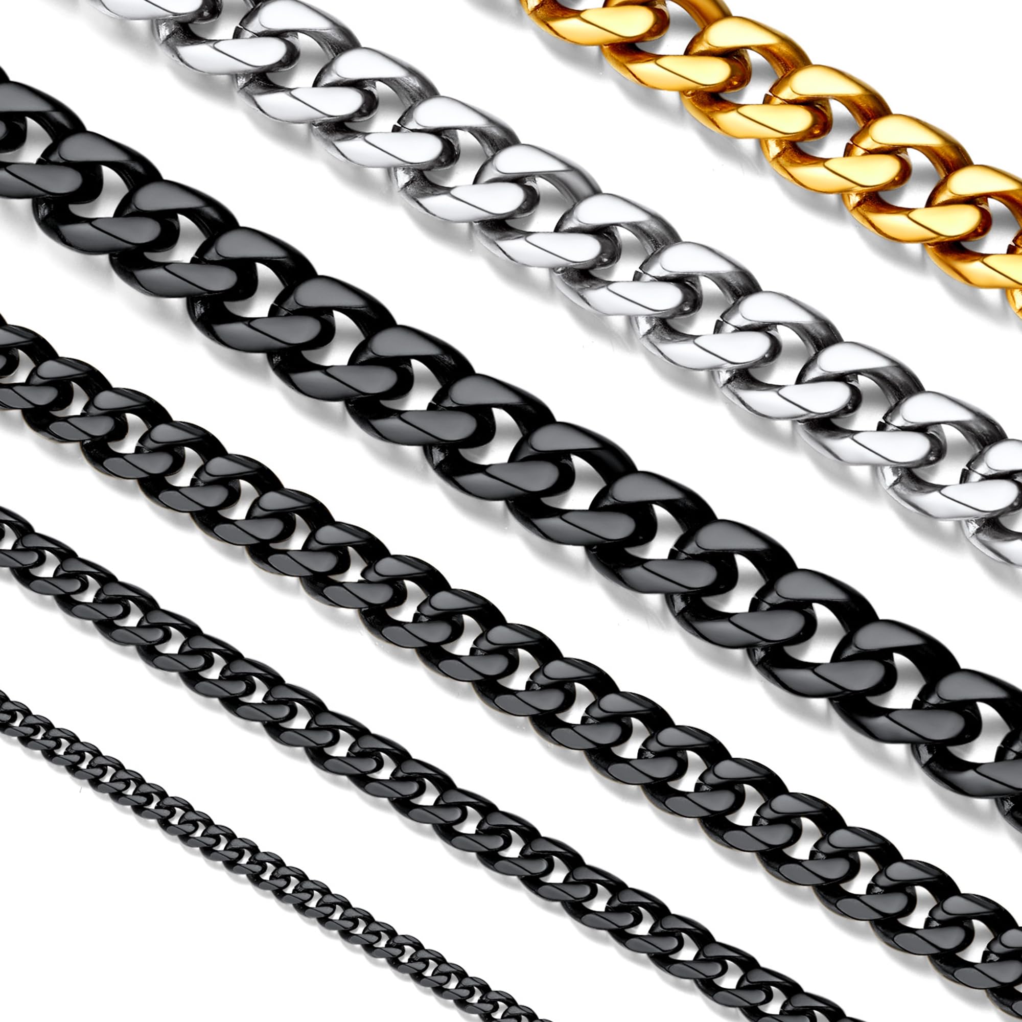 Suplight Herren Panzerkette 3/6/9mm breit Cuban Link Kette, Silber/Gold/Schwarz, 36/46/51/55/61/66/71/76cm