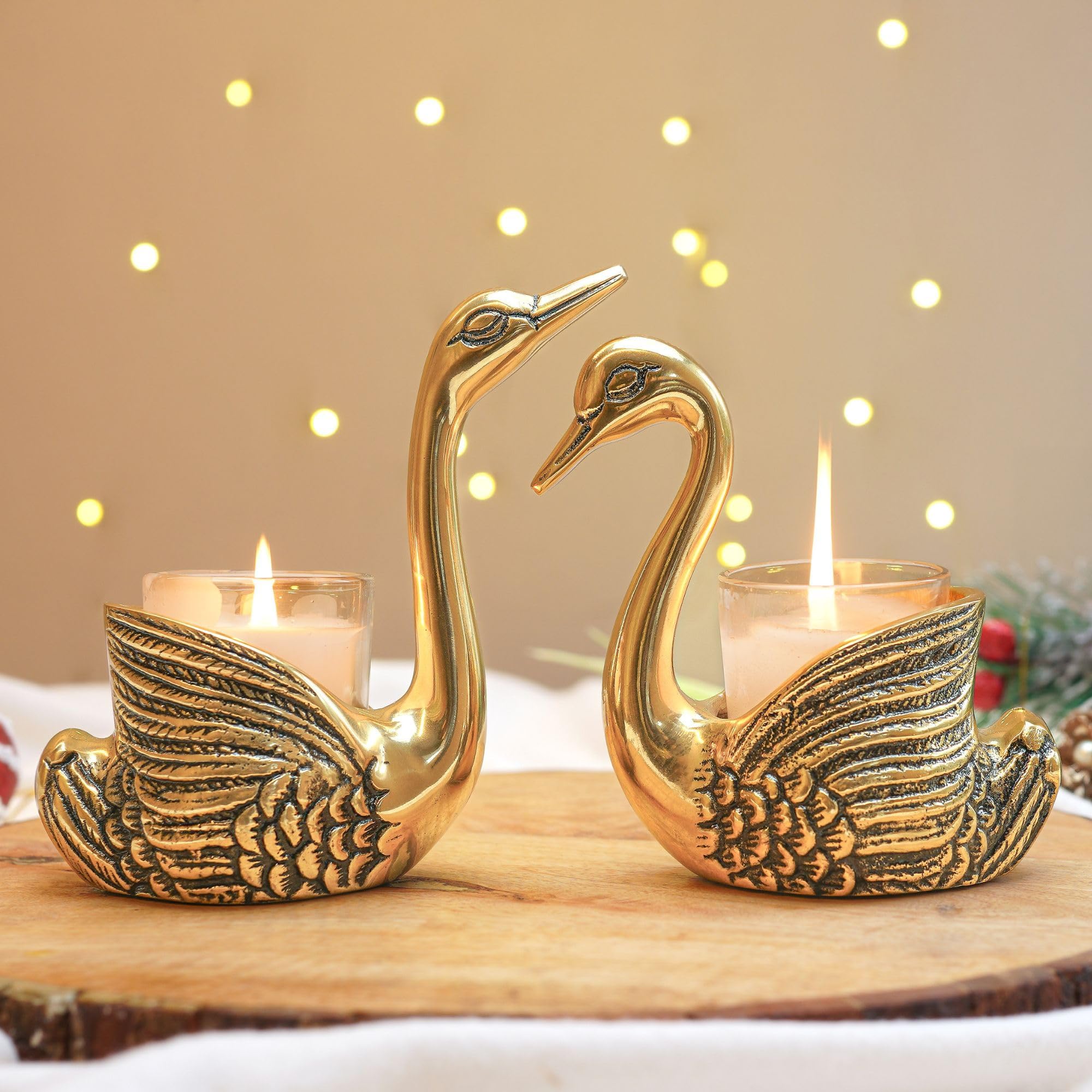 Metal Pair of Swans for Good Luck and Love|Candle Holder for Home Decor Tabletop Living Room Office|Showpiece Vastu Statue for Gifting (Candles/Plants Etc Not Included), Gold