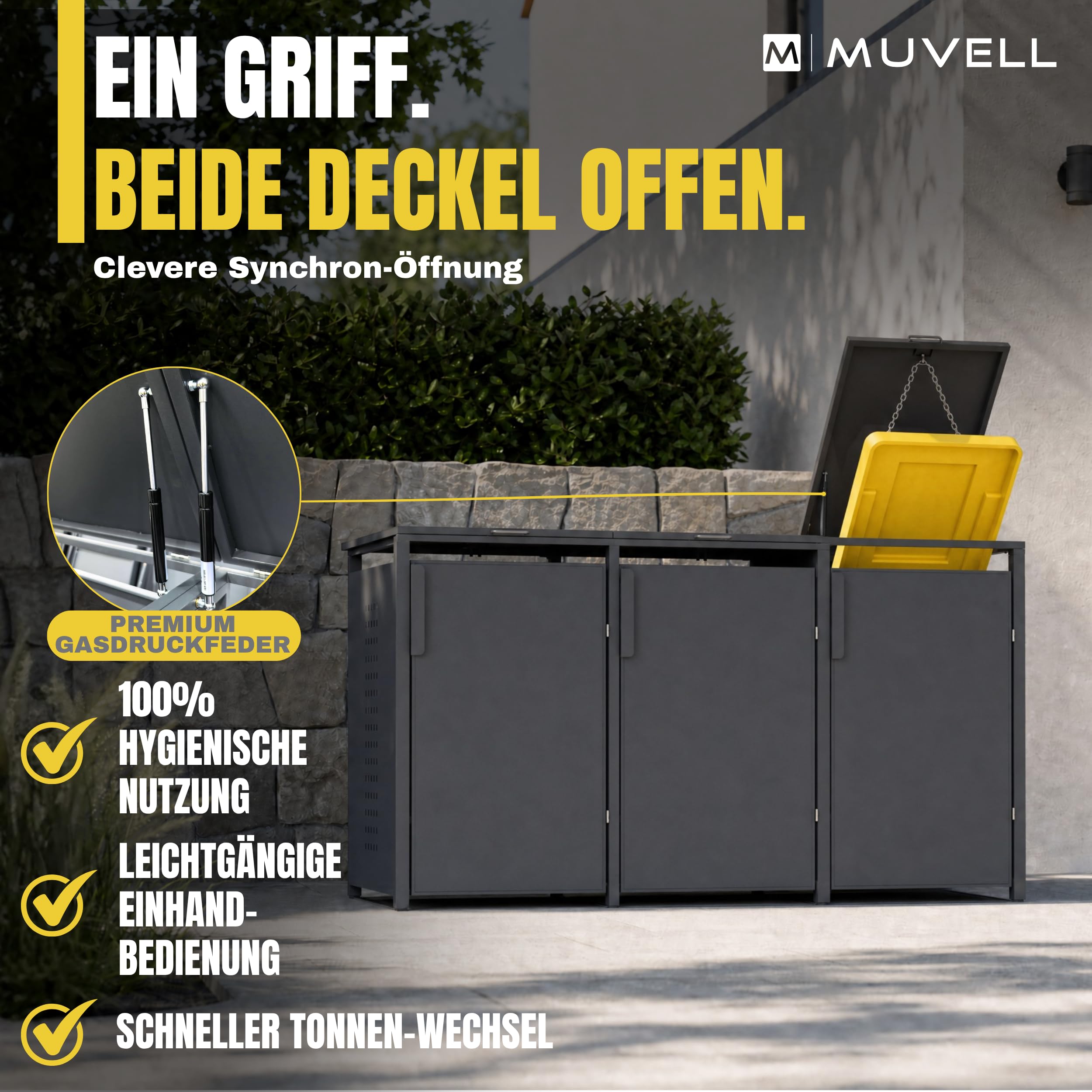 Mülltonnenbox 3er 240l & 120l Müllbox - 0,8 mm feuerverzinktes Metall - Eisenglimmer DB 703 Premiumfarbe Mülltonnenboxen - korrosionsbeständig wetterfest Mülltonnenverkleidung