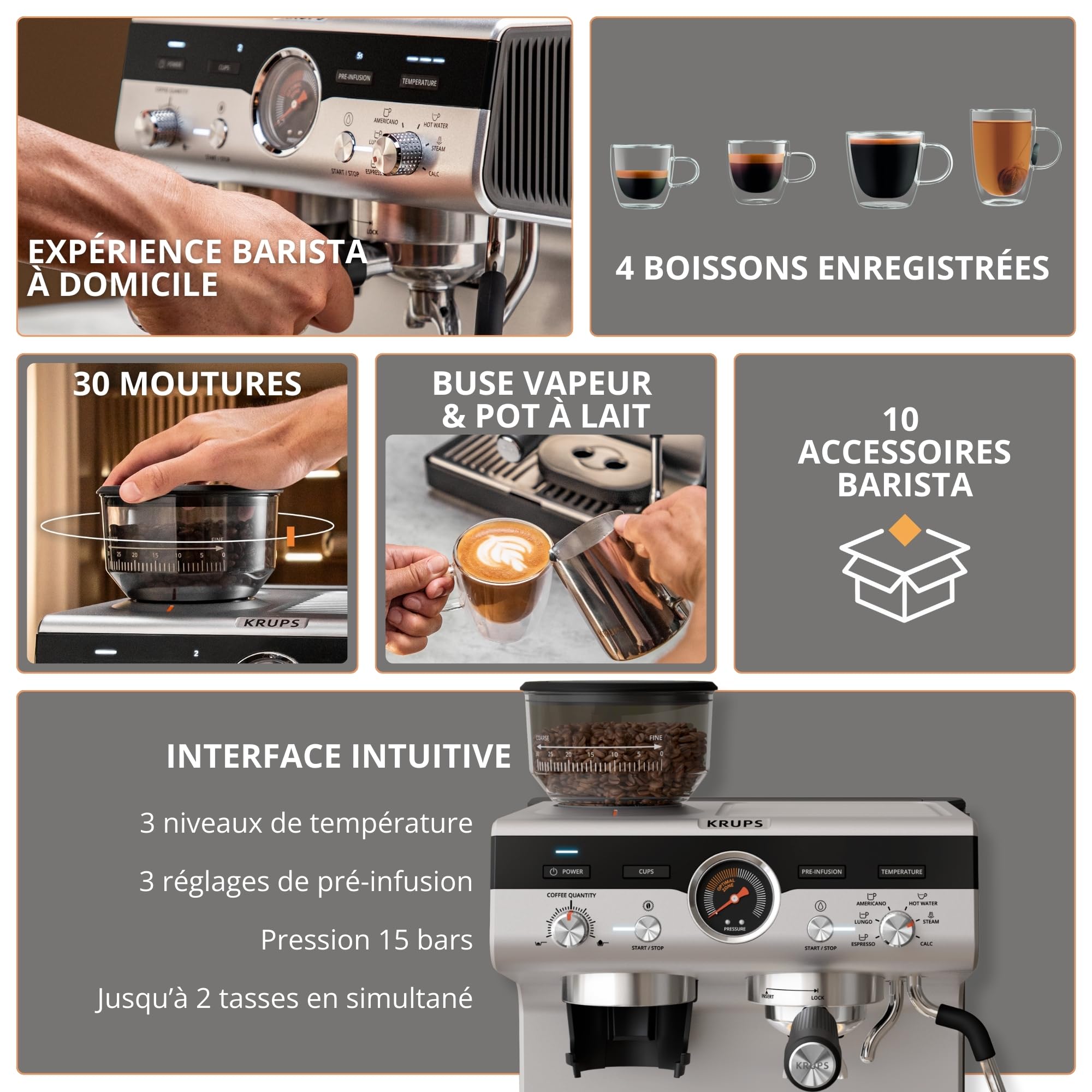 Krups Precision, Machine Expresso Manuelle avec moulin, 30 Niveaux de mouture, 15 Bars, Buse Vapeur, 3 Températures, Interface Intuitive, Cappuccino, XP801T10, Silver