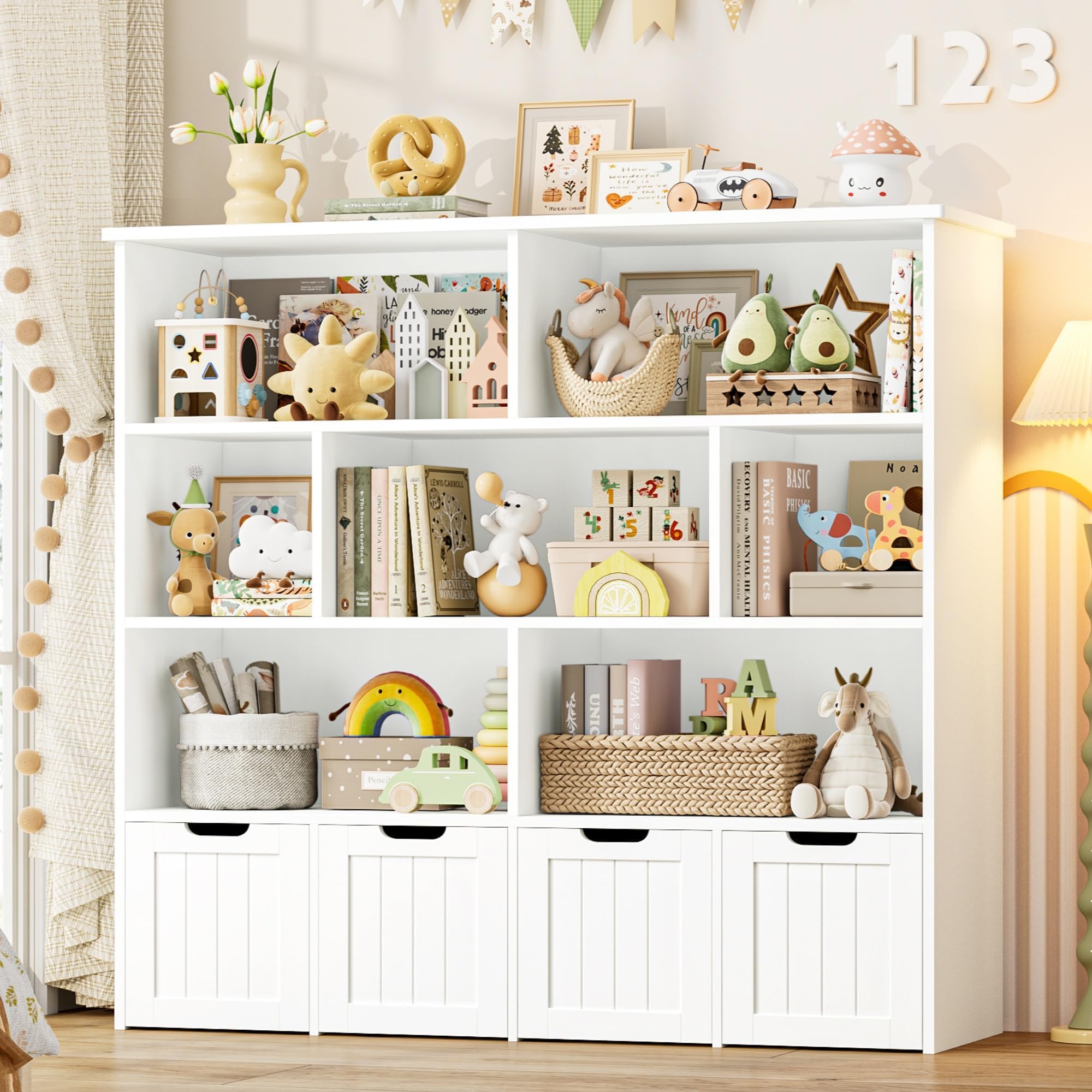 FINETONES Toy Storage Organizer, Kids Bookshelf with 4 Movable Chests and 7 Storage Cubes, Toy Chest Storage with Hidden Wheels, Toy Organizers and Toy Storage, White