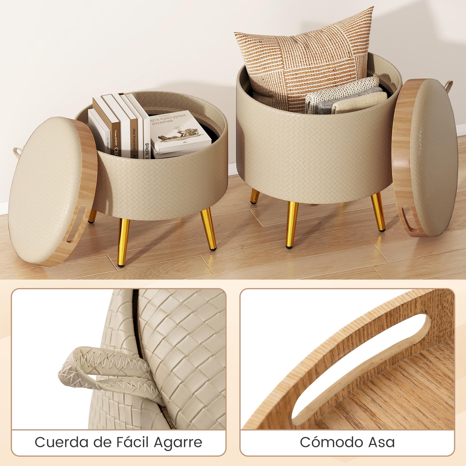 COSTWAY Juego de 2 Puff Almacenaje 23L + 6L, Taburete Tocador Redondo de Piel Sintética con Bandejas de Tapa Abatible, Patas Metálicas Doradas, Mesita Auxiliar y Reposapies en uno para Entrada, Salón