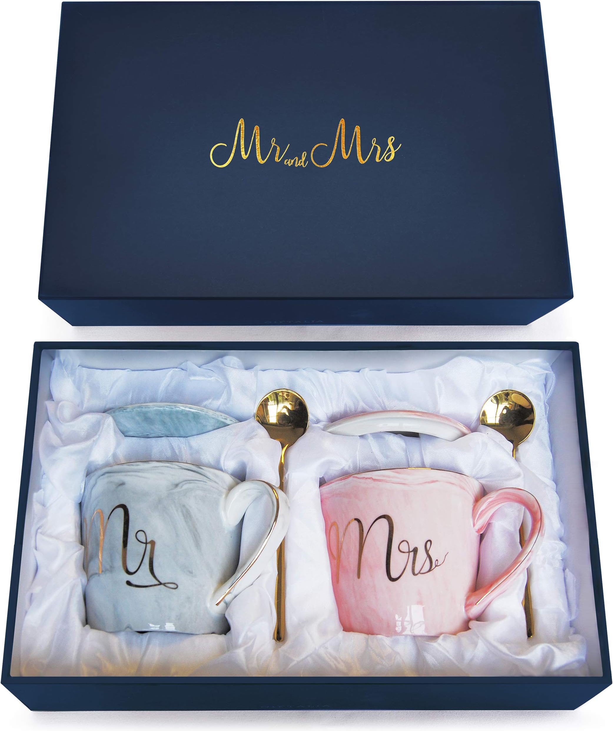 Wedding Gift - Mr and Mrs Mug Set - Classy and Elegant Gift Box with 2 Marble/Gold Tea or Coffee Cups - Bridal Shower gifts, Couples Anniversary, Engagement gifts, (Complete Set Grey & Pink)