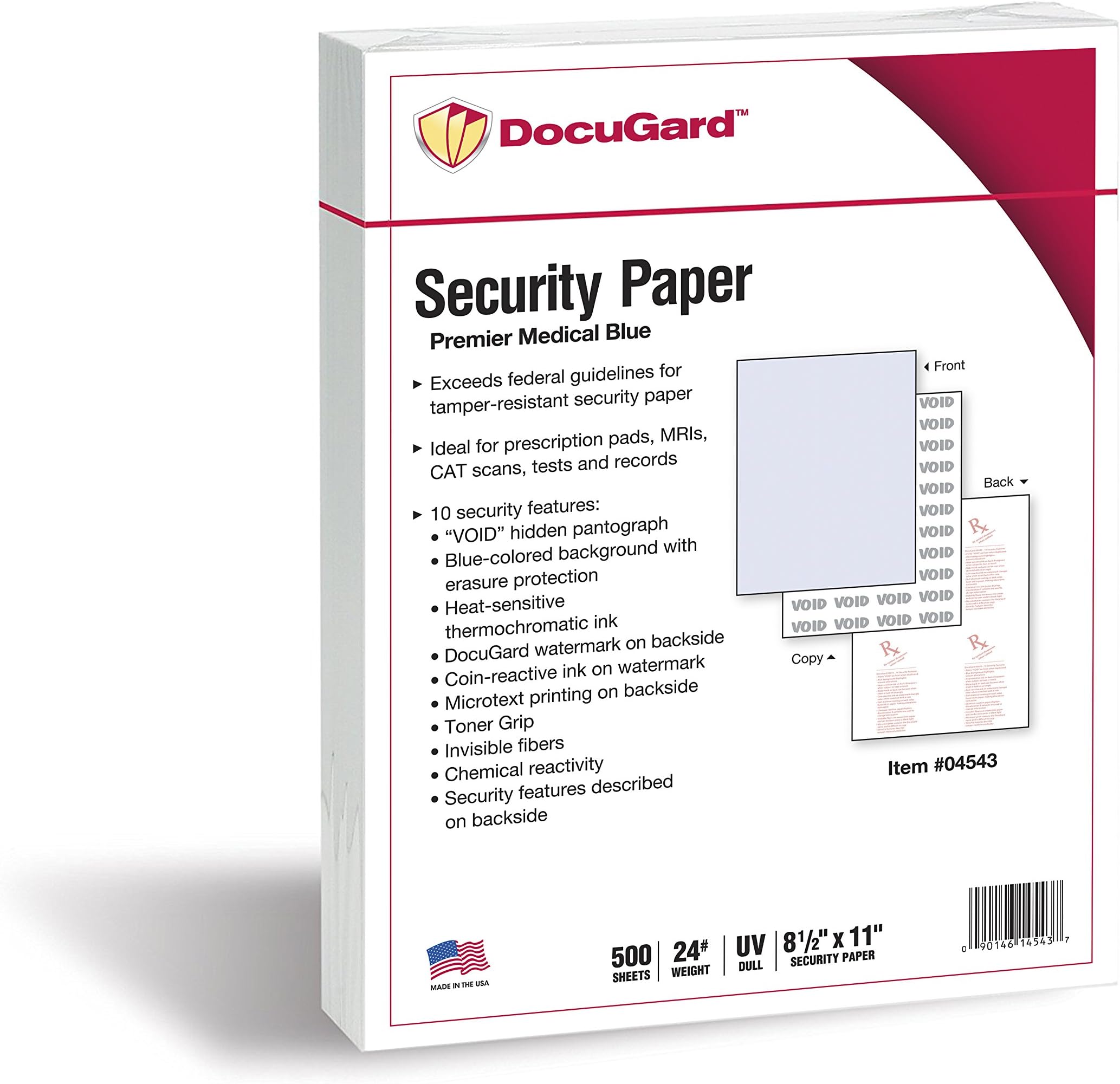 DocuGard Premier Blue Security Paper, 10 Features, 8.5 x 11 Inches, 24 lb, 500 Sheets (04543)