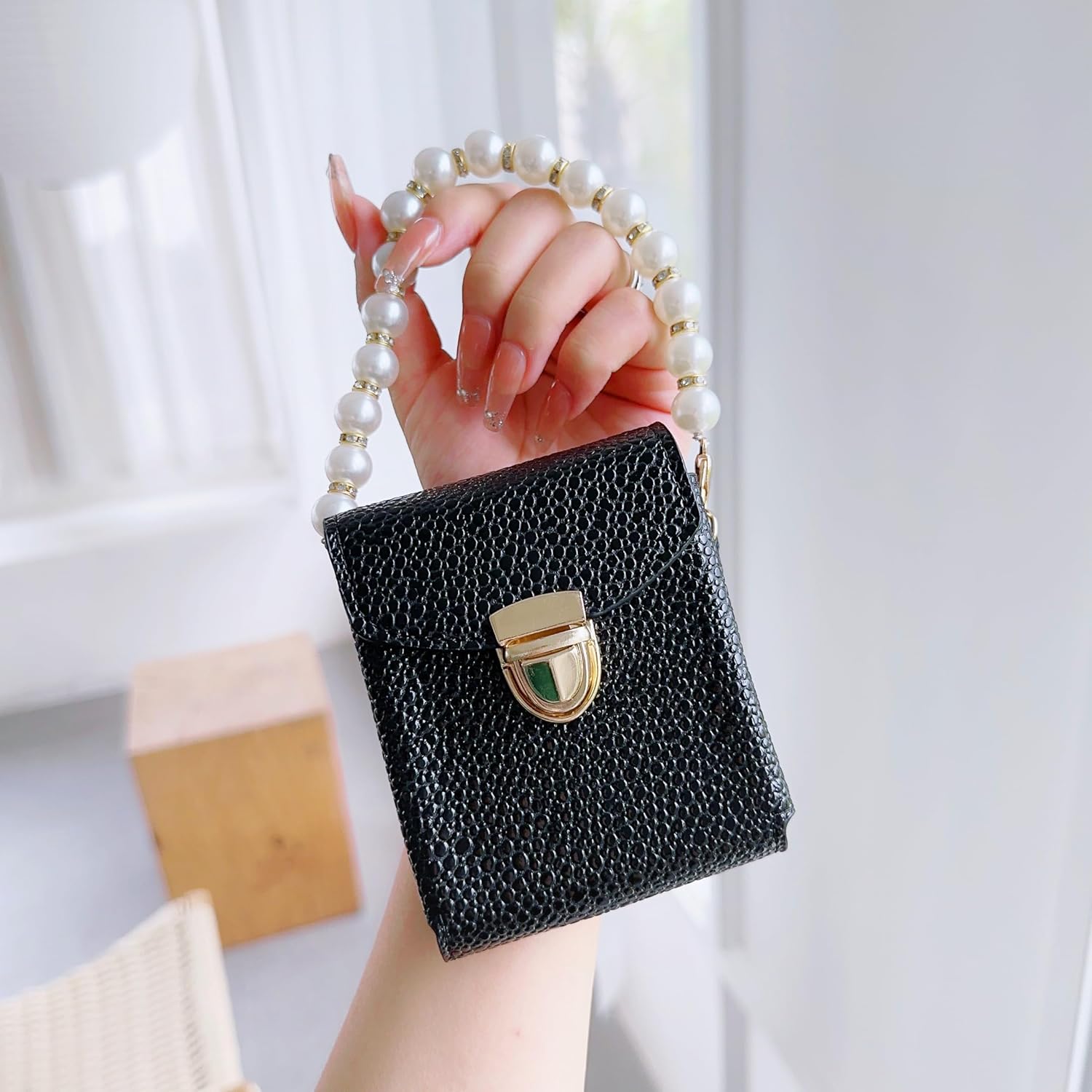 Elegant & Premium Case for Galaxy Z Flip 5 with Pearl Chain Charm, Chic Black Leather Flip Cover with Mini Bag, Slim Shockproof Design (Premium Black)