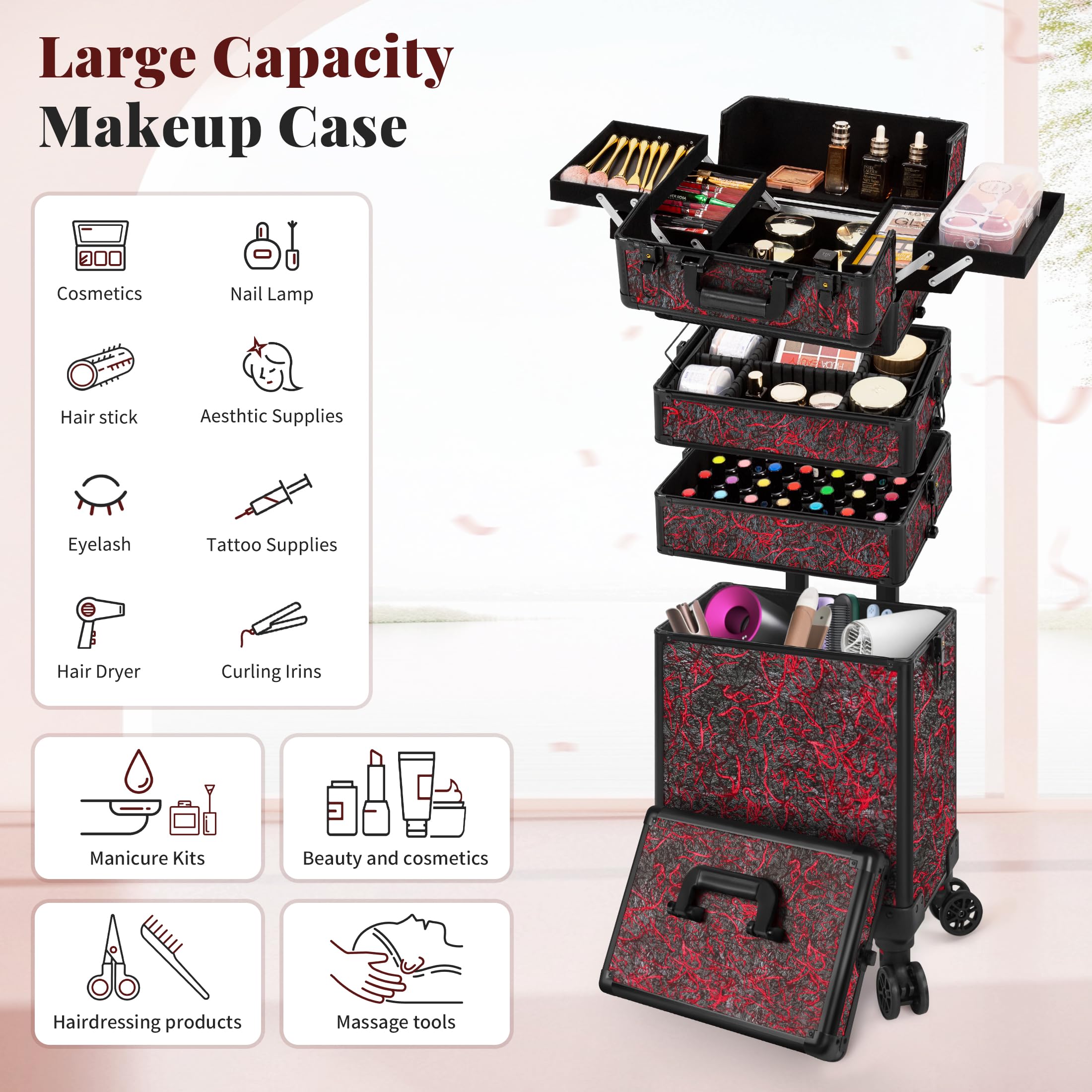 Arous 5-in-1-Kosmetik-Trolley mit Rollen, Abschließbar, für Friseure, Künstler, Reisen, Nägel, Rot, Make-up-Tasche zum Rollen