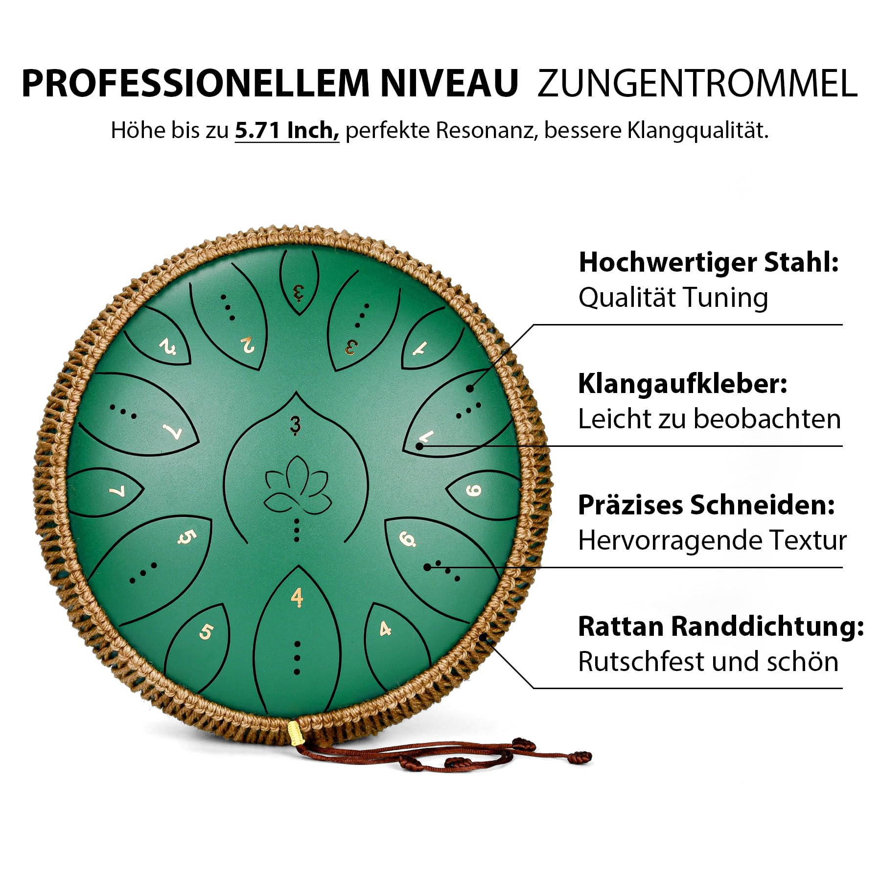 Zungentrommel 13 Zoll 15 Töne, Hand Pan Drums für Erwachsene 440hz, C-Dur Handpan Musikinstrument mit Liederbuch, Schlägeln und Tragetasche, Grün