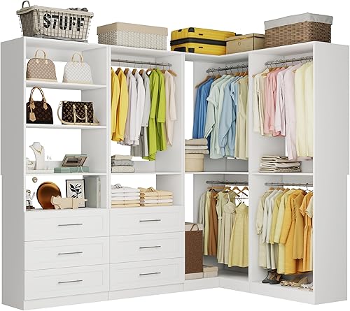 Sistema de armario con 6 cajones, sistema organizador de armario de esquina con 9 varillas para colgar y estantes ajustables, sistema modular de