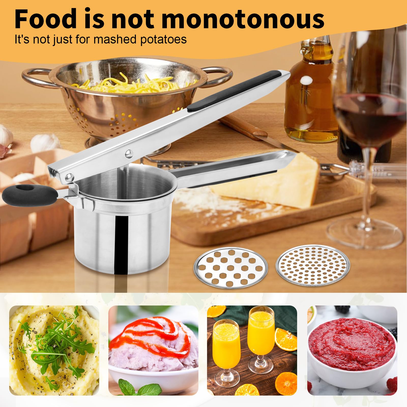 Prensador de patatas grande de 15 onzas con 3 discos intercambiables, de acero inoxidable resistente para puré de patatas, herramienta de cocina con mango ergonómico, máquina de spaetzle