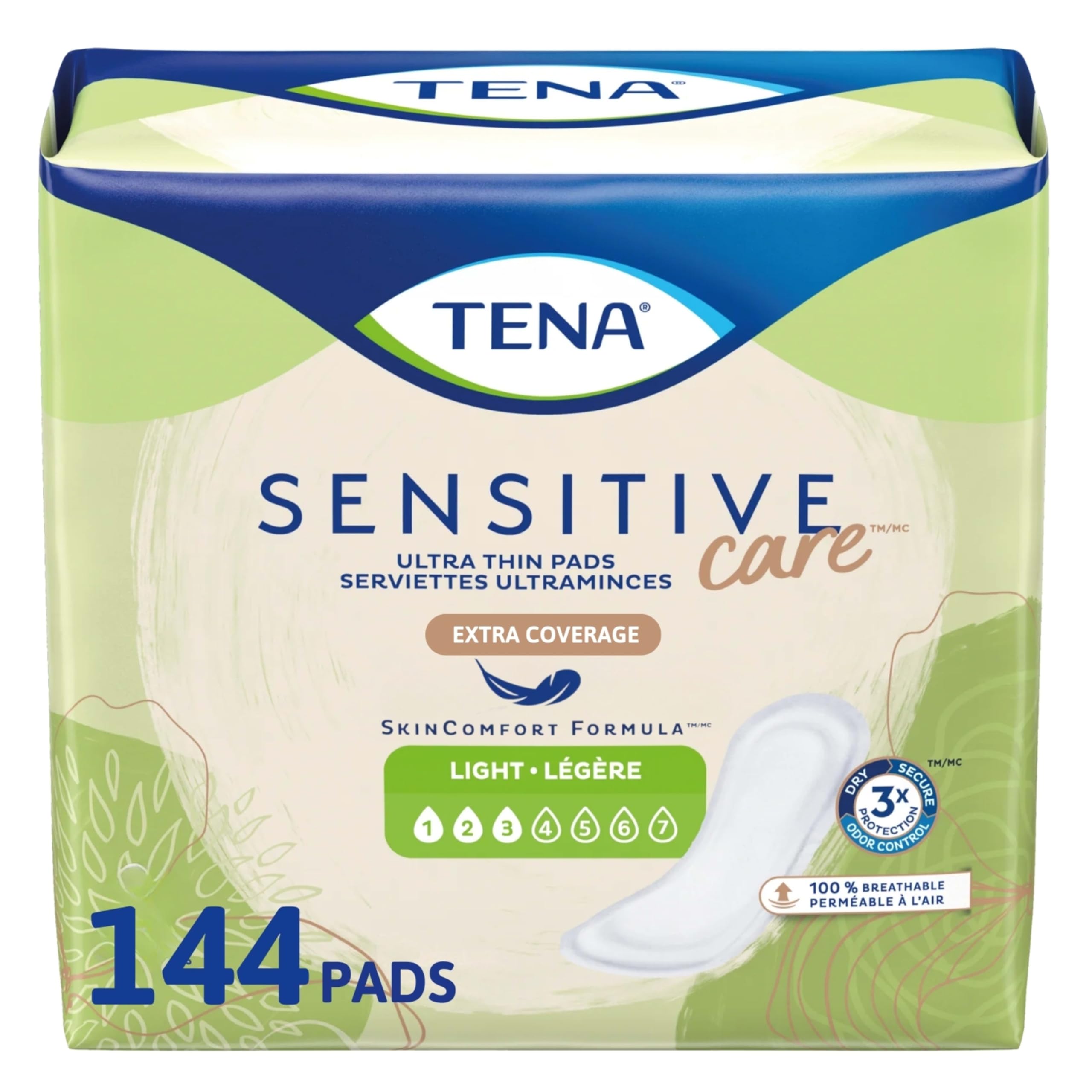 Sensitive Care Ultra Thin Light Incontinence Pads for Women, Postpartum and Bladder Control, Regular, 144 Count