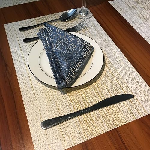 Miniatura 6 de Mantel individual de vinilo tejido duradero, lavable, resistente al calor, antideslizante, para cocina, comedor (juego de 4, amarillo con blanco)