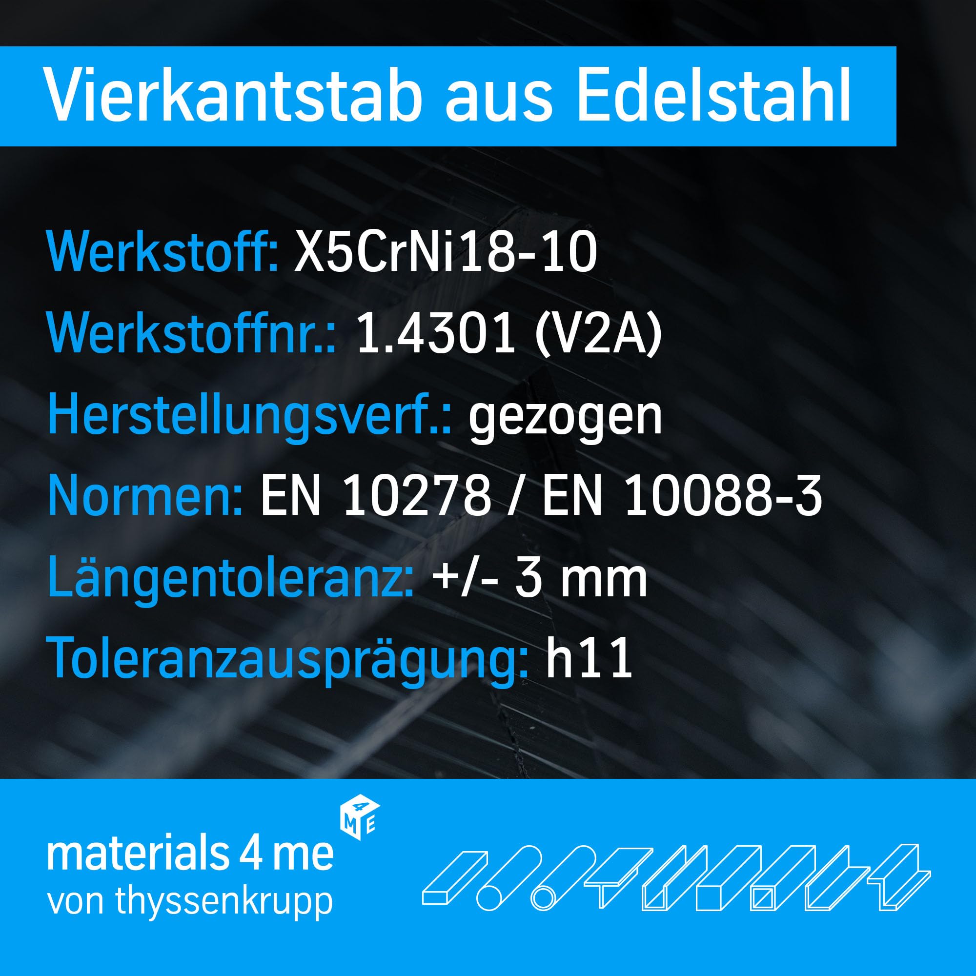 thyssenkrupp Vierkantprofil Edelstahl V2A 8x8 mm – 1500 mm | Vierkantstab gezogen | Edelstahl Vierkantstahl | präzise & vielseitig einsetzbar | Werkstoff: 1.4301