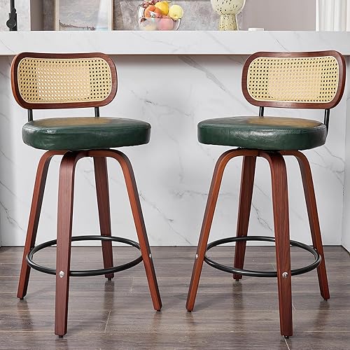 Juego de 2 taburetes de bar de ratán natural, taburetes tapizados de piel sintética con respaldo y patas de madera dobladas, giro de 360, taburete