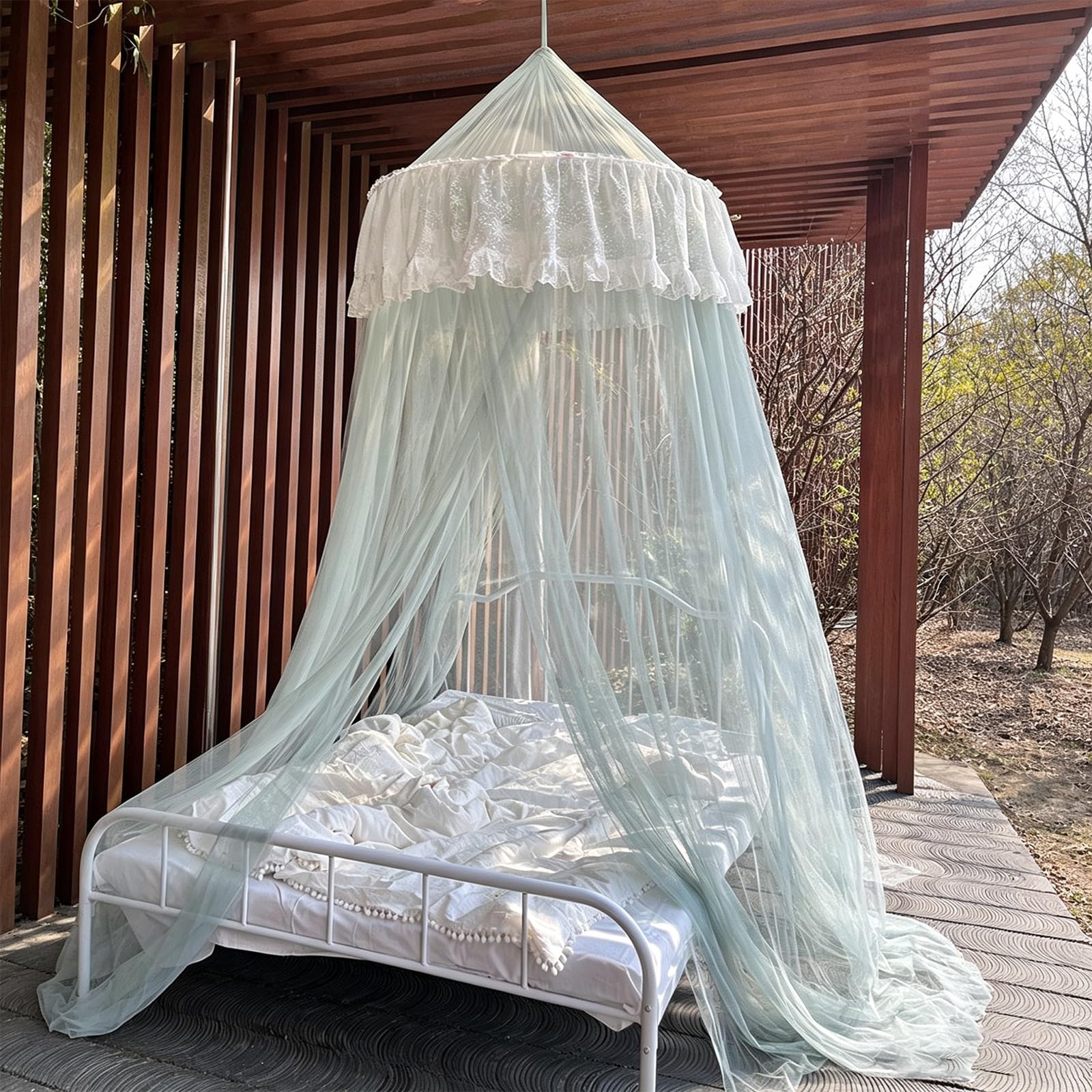 SARKEY Round Dome Canopy Bed Curtain,Floor-standing Mosquito Net,Insect Protection Hanging,Large Space,Romantic,Unique Play Tent Mesh Canopies Lace Drapes Home(Matcha green)