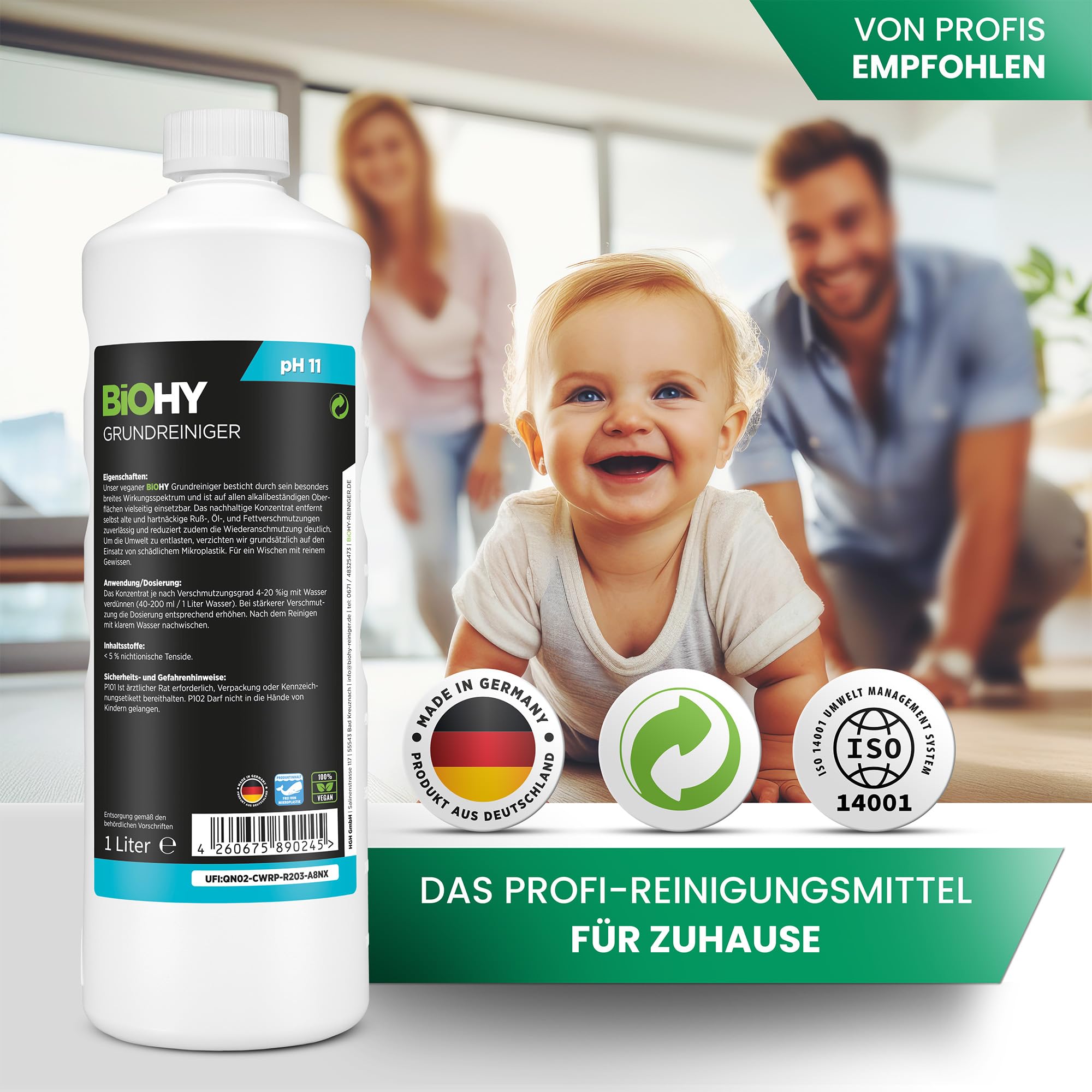 BiOHY Detergente di base (9 bottiglie da 1l) | Rimuove le incrostazioni più ostinate e le vecchie pellicole lasciate dai prodotti di pulizia (Grundreiniger)
