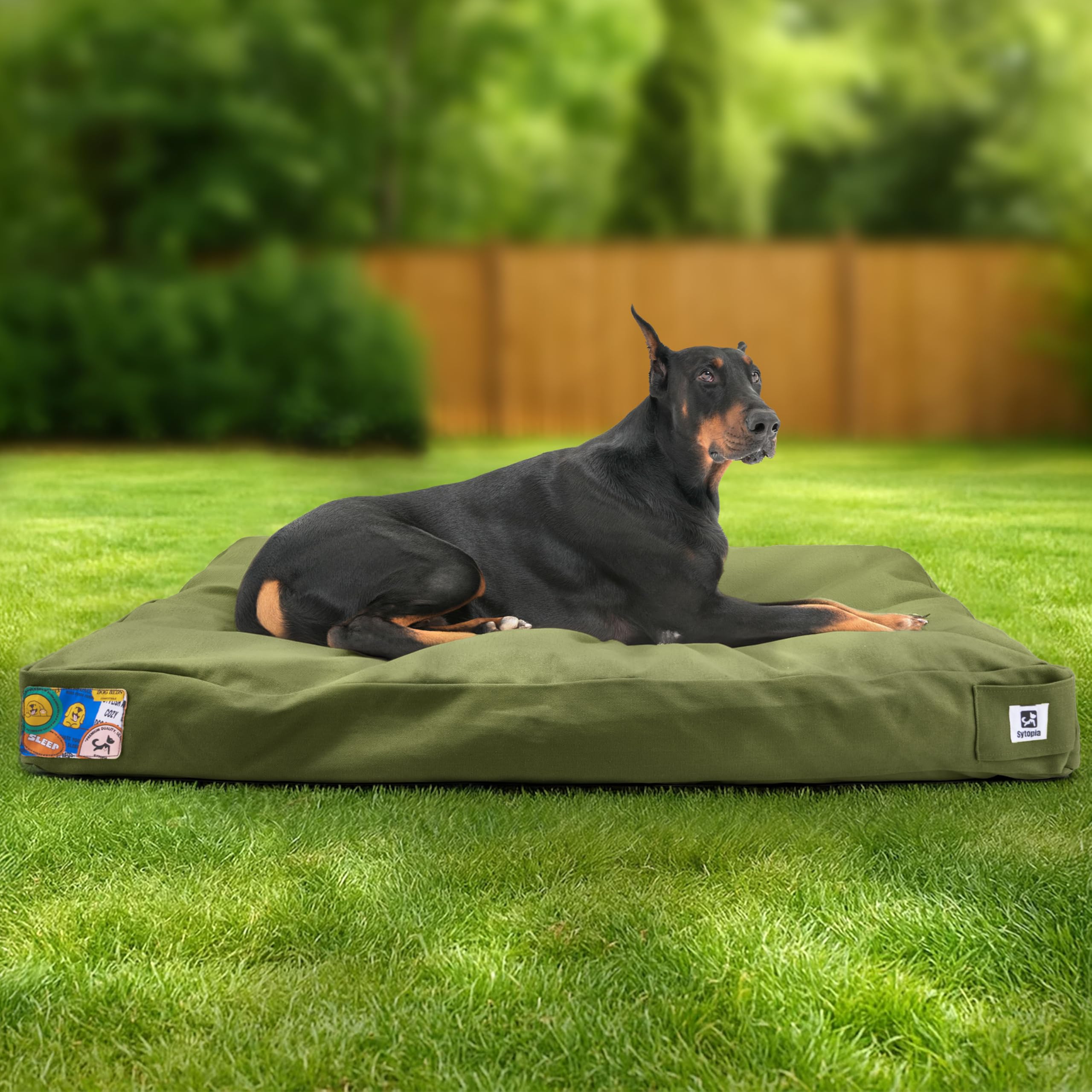 Sytopia 42'' Canvas Indestructible Outdoor Dog Bed with Waterproof Washable Removable Cover for Extra Large Dogs, Indoor and Patio Pet Pad, Green