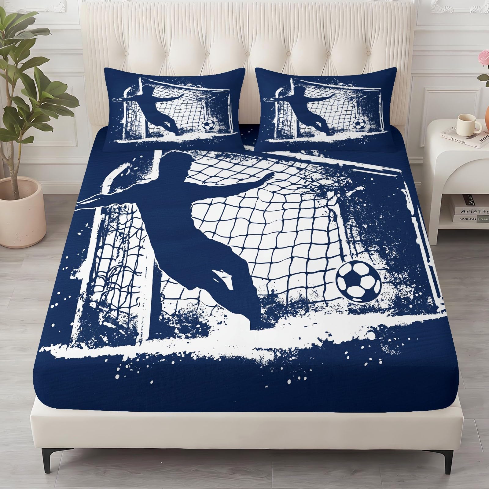 Lenzuolo con angoli sportivi moderni a rete da calciatore, morbida microfibra, super king size, 180 x 200 cm, antiscivolo, facile da pulire, per tutte le stagioni, traspirante, lavabile in lavatrice