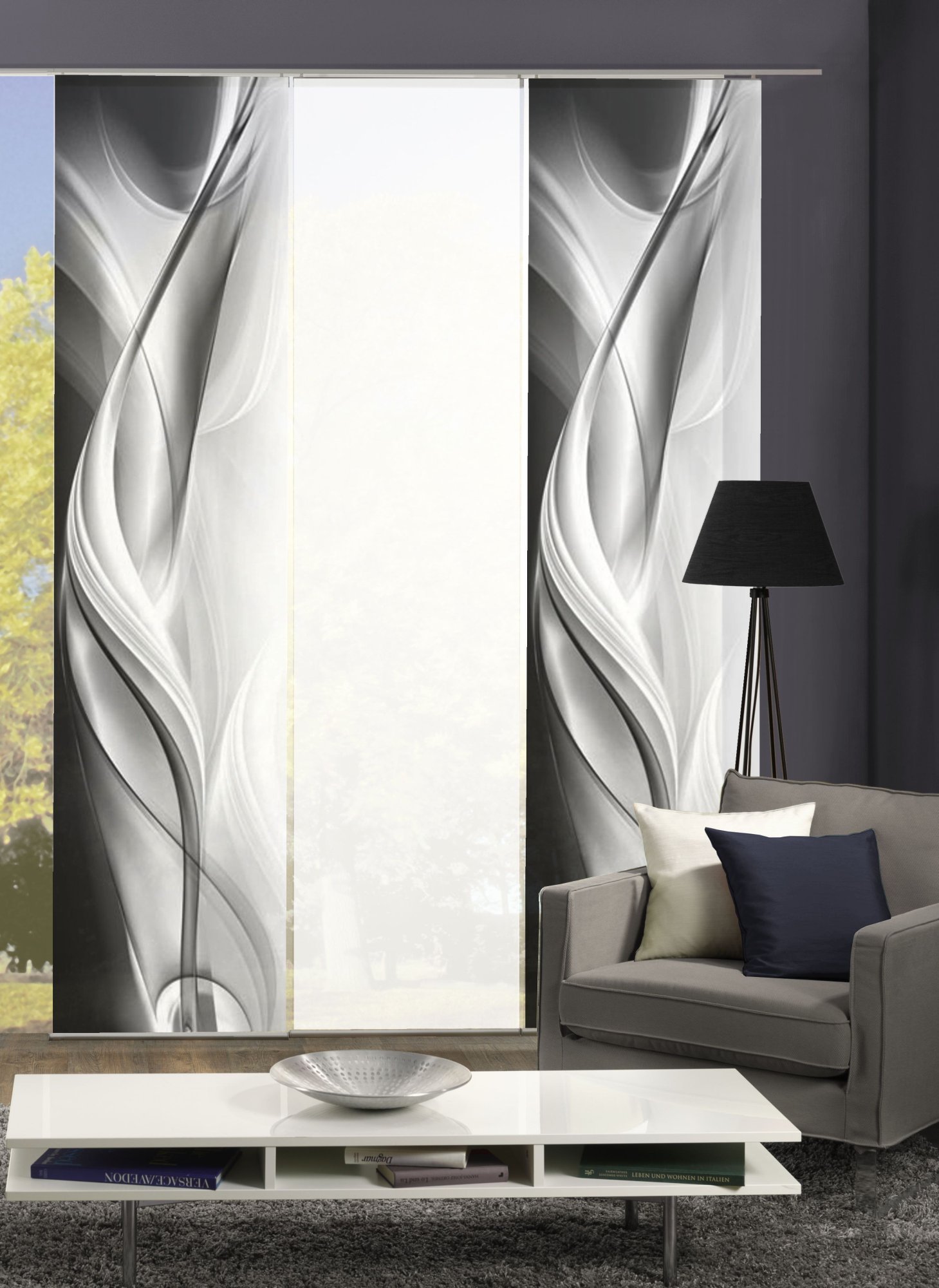3er-Set Flächenvorhang, Deko Blickdicht, Halina grau, Höhe 245 cm, 2X Dessin, 1x Uni Blickdicht
