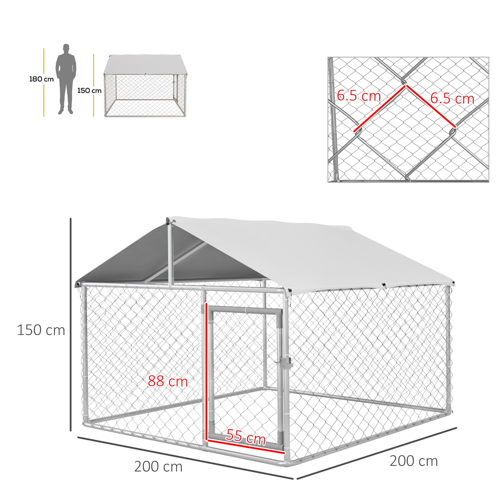 PawHut Kennel Grande per Cani da Esterno, 200x200x150cm, Argento e Grigio