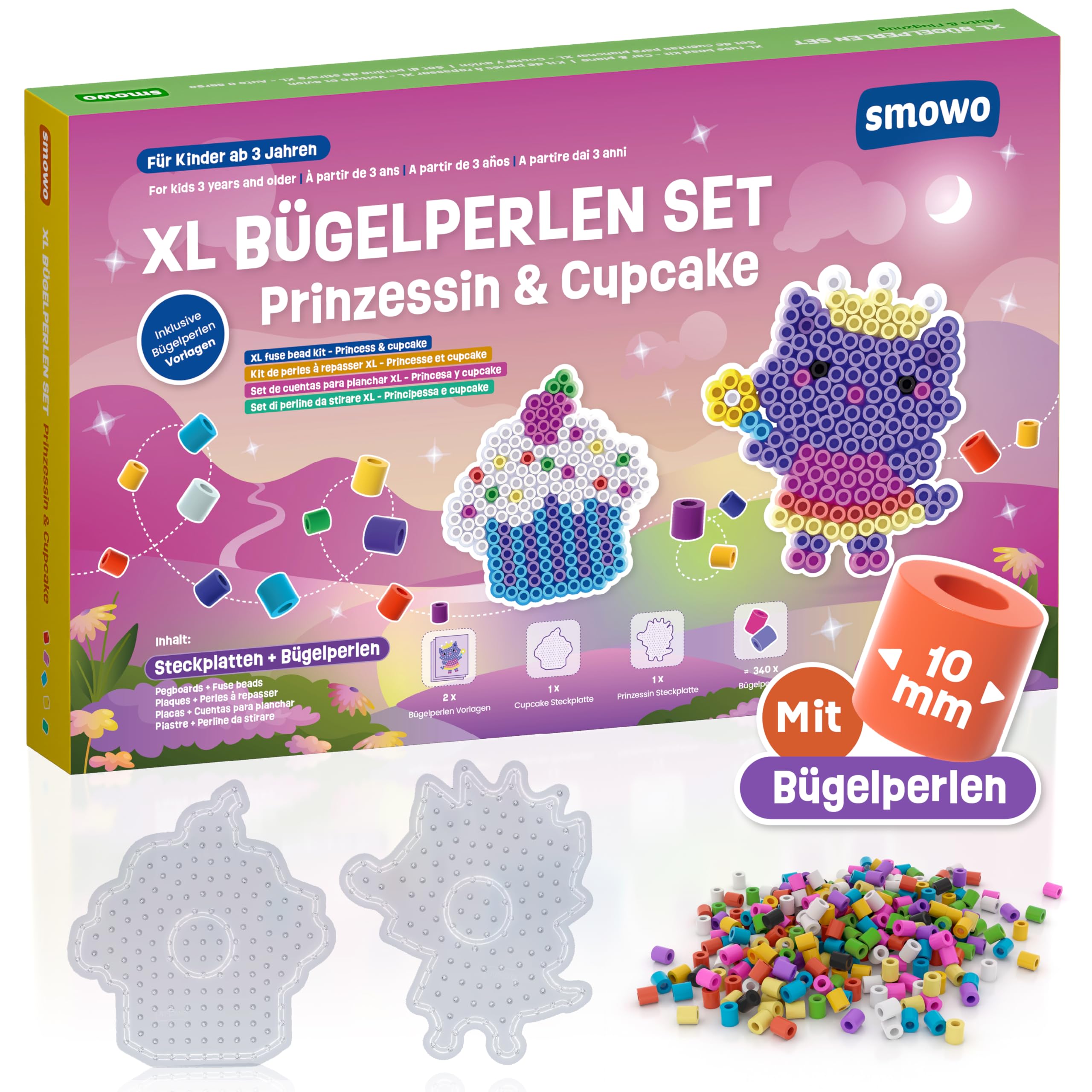 Smowo® 10mm Bügelperlen Set mit Prinzessin und Cupcake Steckplatten – Kreativset mit 2 Platten, Perlen und Vorlagen - Große Maxi Stiftplatten für Kinder ab 3 Jahren