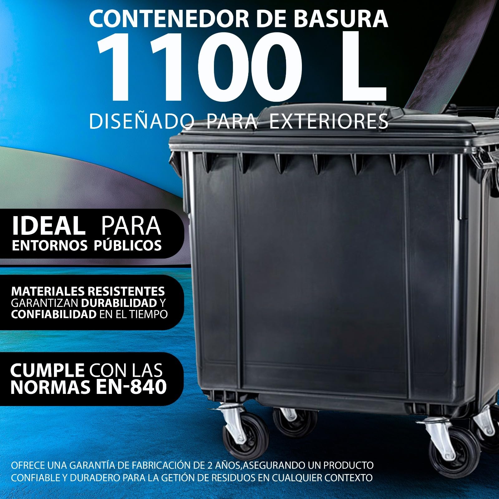SSI Contenedor de Basura 1100L con Tapa Plana - Ruedas con Freno, Desagüe Inferior, Cumple Normativa EN-840, Ideal para Grandes Volúmenes de Residuos y Reciclaje en Exteriores (Antracita, 1100 litros)