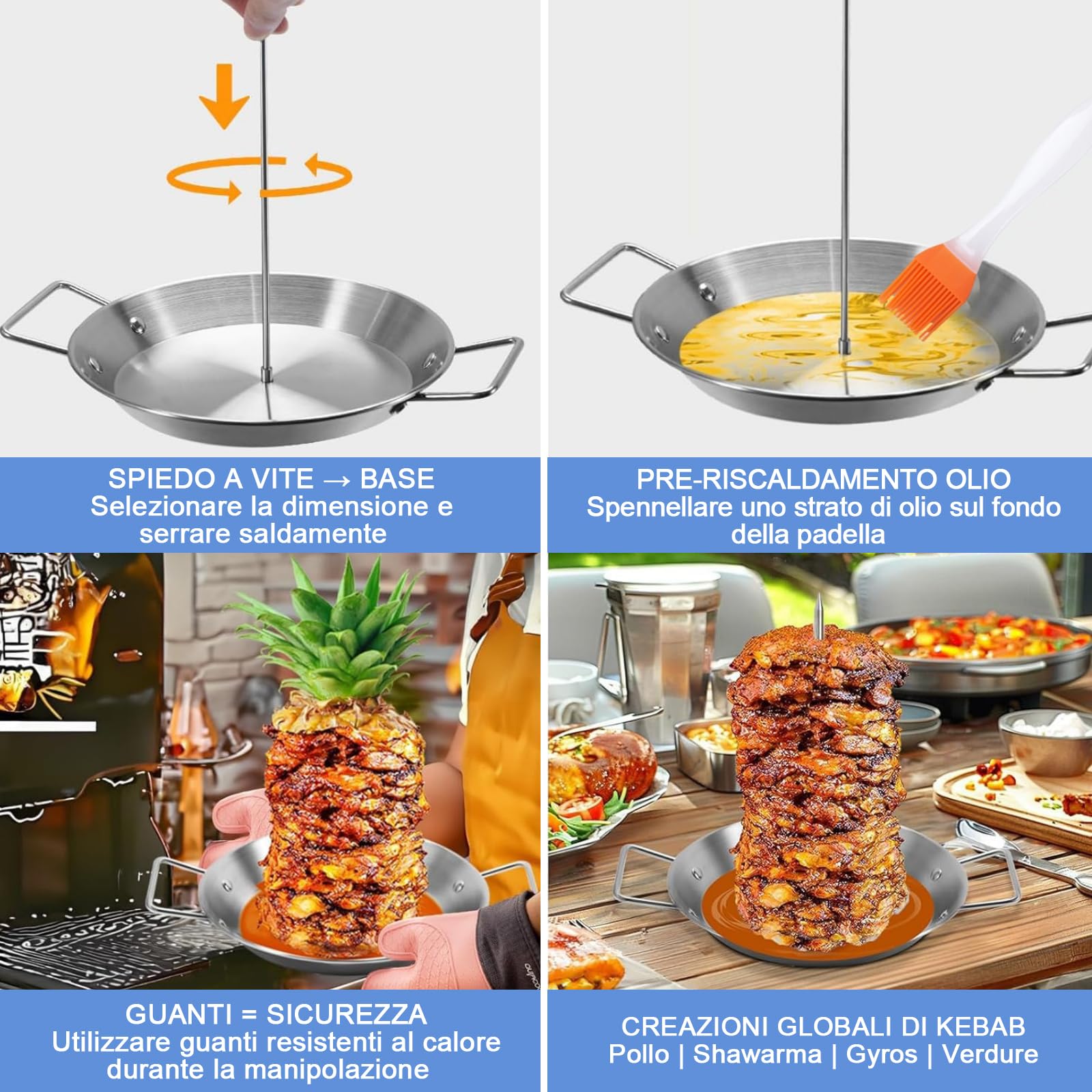 Spiedino verticale in acciaio inox – Set con 3 spiedini intercambiabili e vaschetta di raccolta per gyros/kebab in forno Smoker