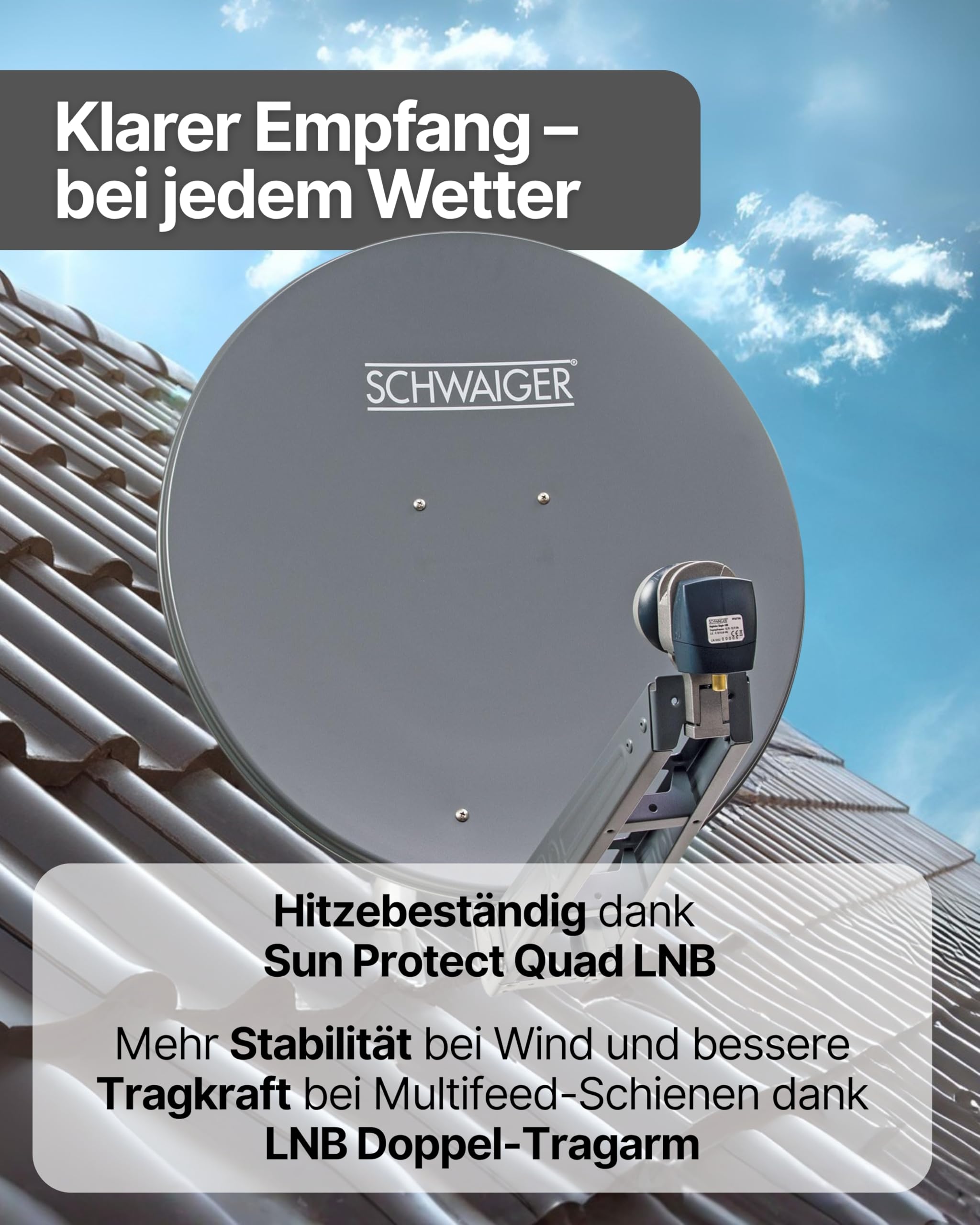 SCHWAIGER Satellitenschüssel Komplettset 80 cm Aluminium Offset Antenne Anthrazit Quad LNB 4-Fach Digital HD 4K Empfang wetterfest