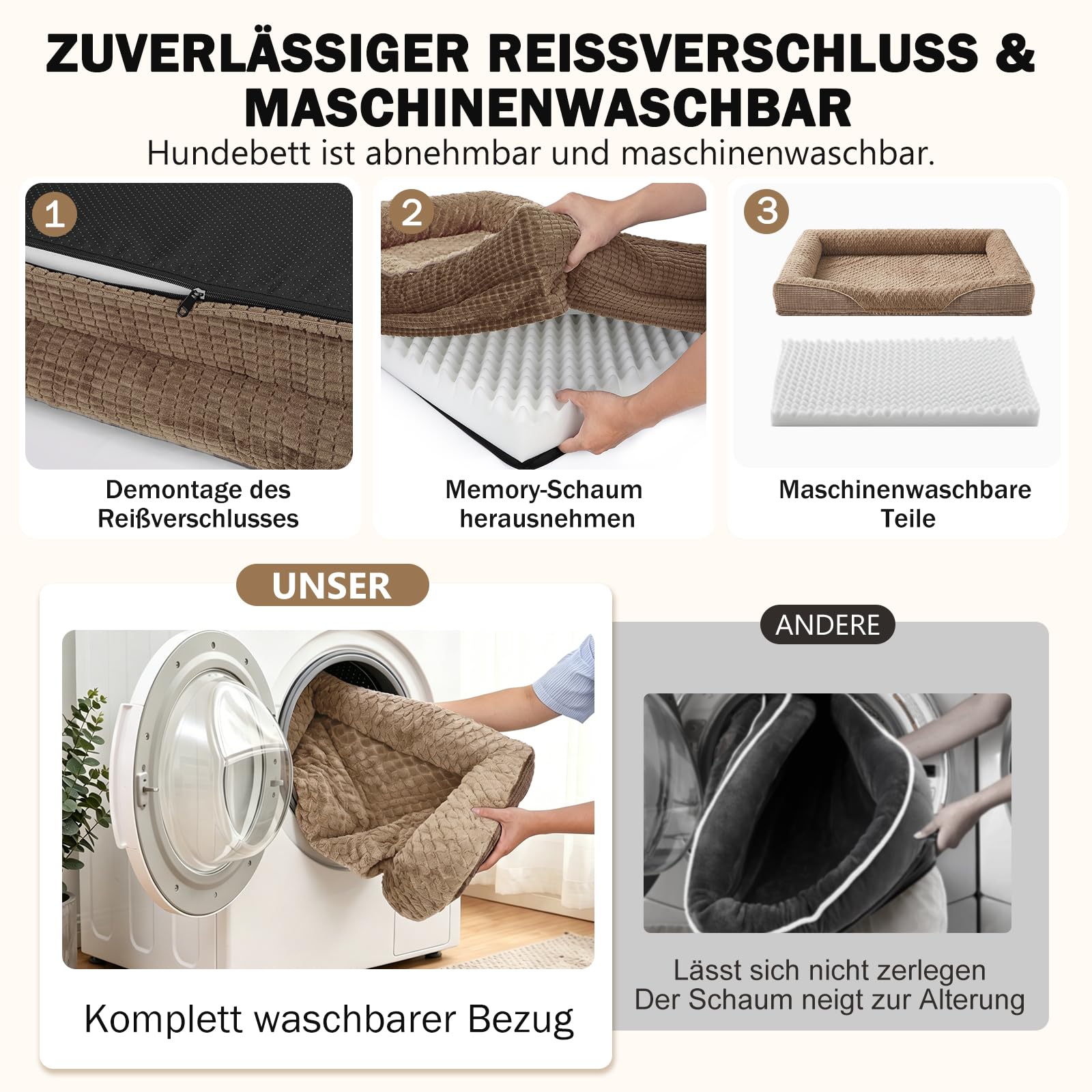 FURTIME Ortopedyczne legowisko dla dużych psów, kosz dla psa, Memory Foam XL, wyjmowane i zmywalne, antypoślizgowe, sofa dla psa z wysoką krawędzią, brązowe, 107 x 81 x 19 cm