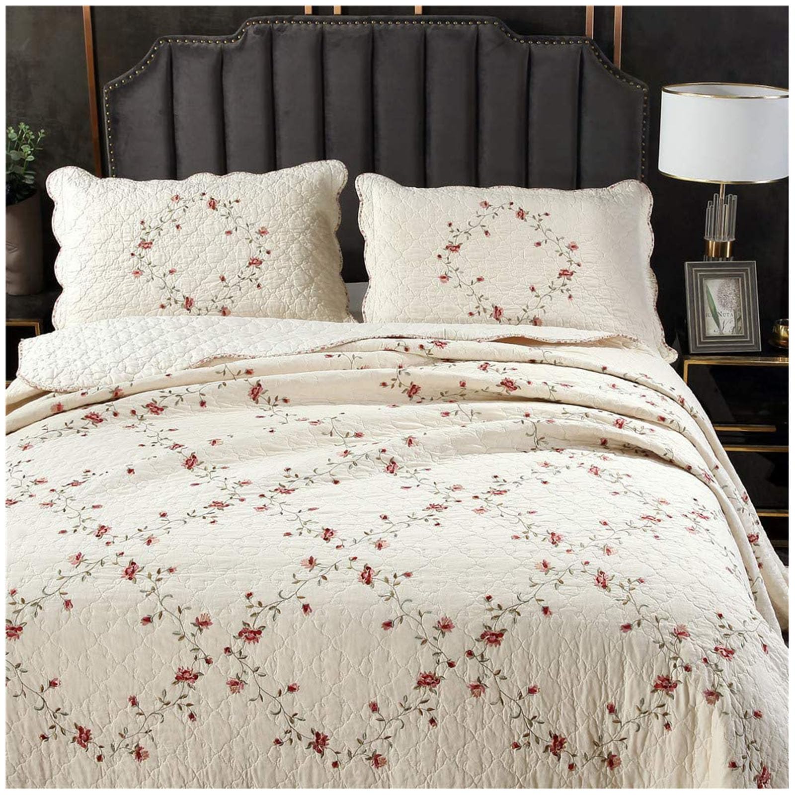 ZTGL 3-delige elegante geborduurde sprei met bloemen - lichtgewicht dekbedset Queen/King 100% katoen omkeerbaar gewatteerd beddengoed set 1 dekbed en 2 kussenslopen, rood, 229 x 229 cm/90,2 x 90,2
