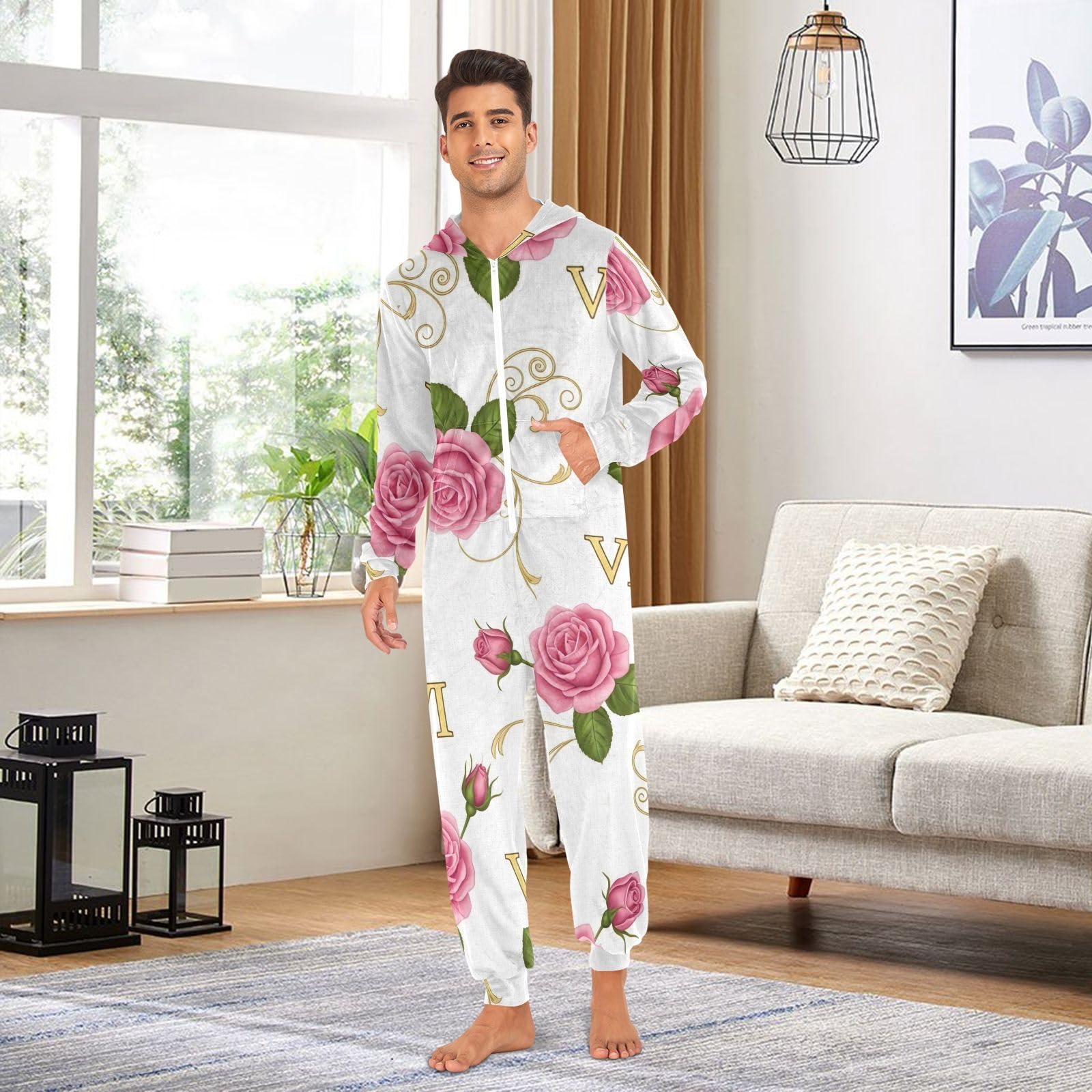 Tuta intera da adulto con rose rosa vintage, tuta intera con cappuccio in pile con cerniera, pigiama super morbido e caldo con tasca