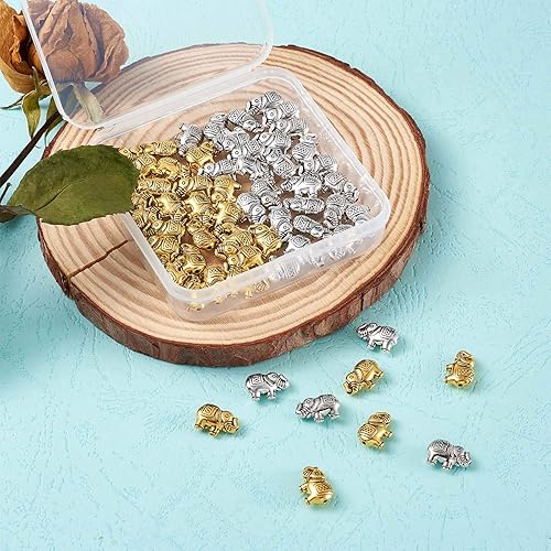 Miniatura 5 de Craftdady 60 cuentas espaciadoras de metal tibetano de elefante de la suerte, cuentas de animales talladas con detalles de oro antiguo y plata de