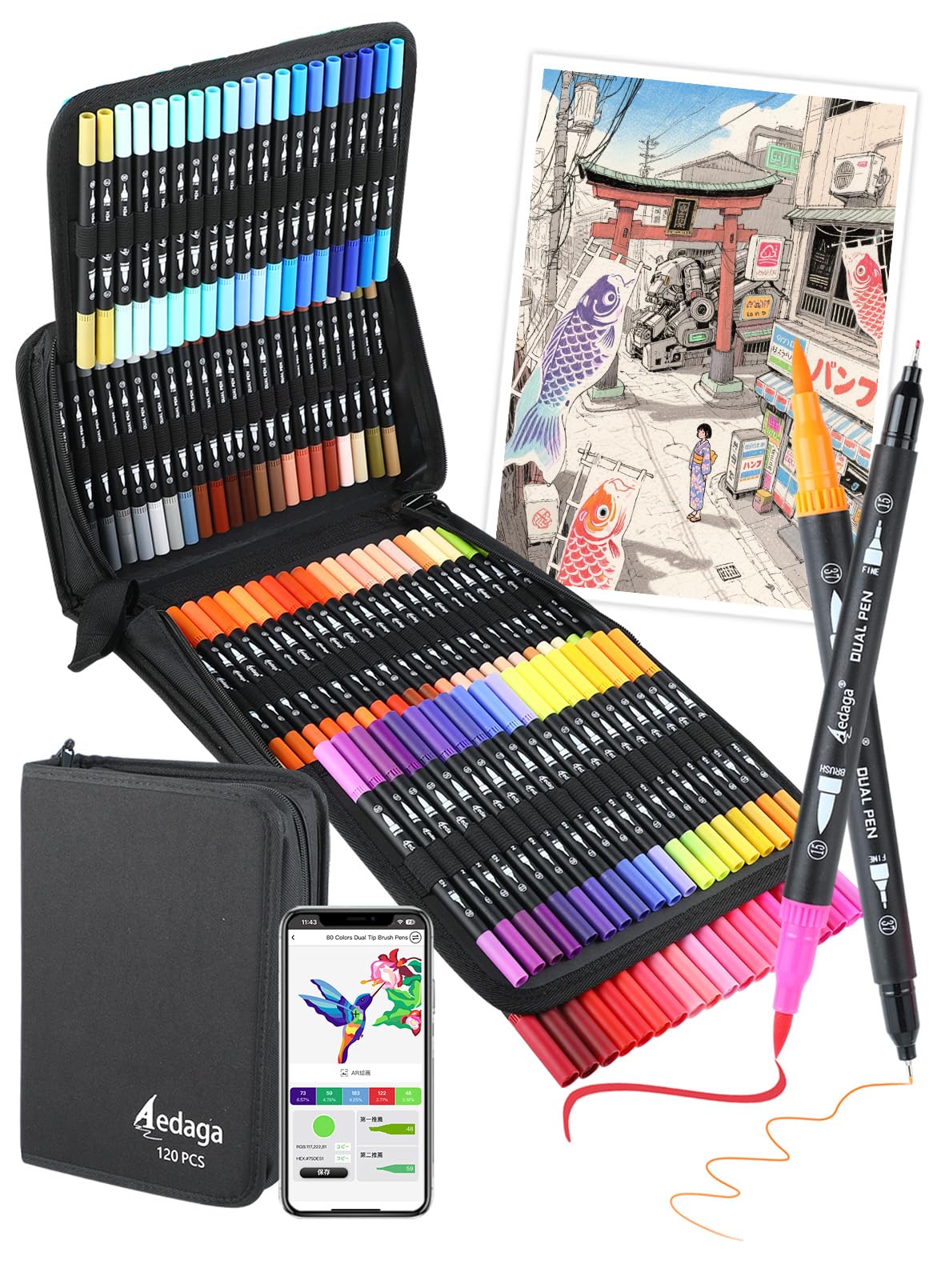 YHC Water Based Dual Tip Brush Pens 120 Colors Art Marker Set with App