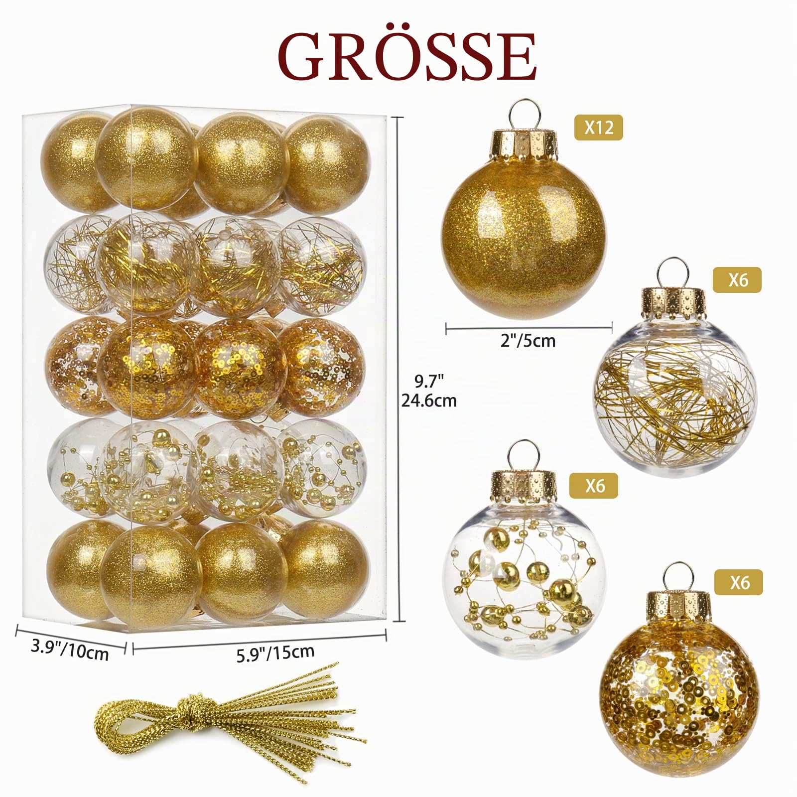 30PCS 50mm Dekorative Weihnachtsbaumkugeln, Weihnachtskugeln, Glitter Christbaumschmuck zarten Dekorationen für Weihnachtsbaum, Weihnachtshochzeitsfeier