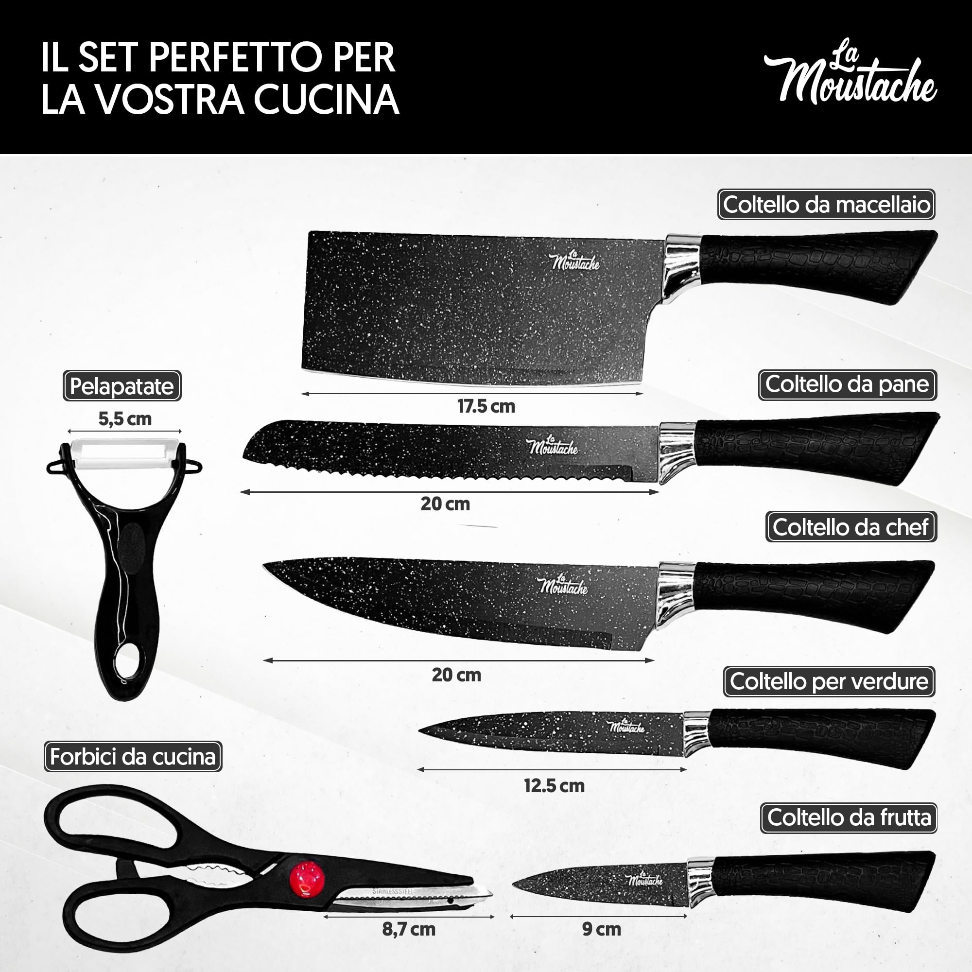 La Moustache - Set di Coltelli 7 Pezzi da Cucina Professionali, Inossidabile e Antiaderenti, Forbici, Pela Verdure, Coltelli da Chef per Pane e Carne, Ergonomici e Prova di Calore (Marmo)