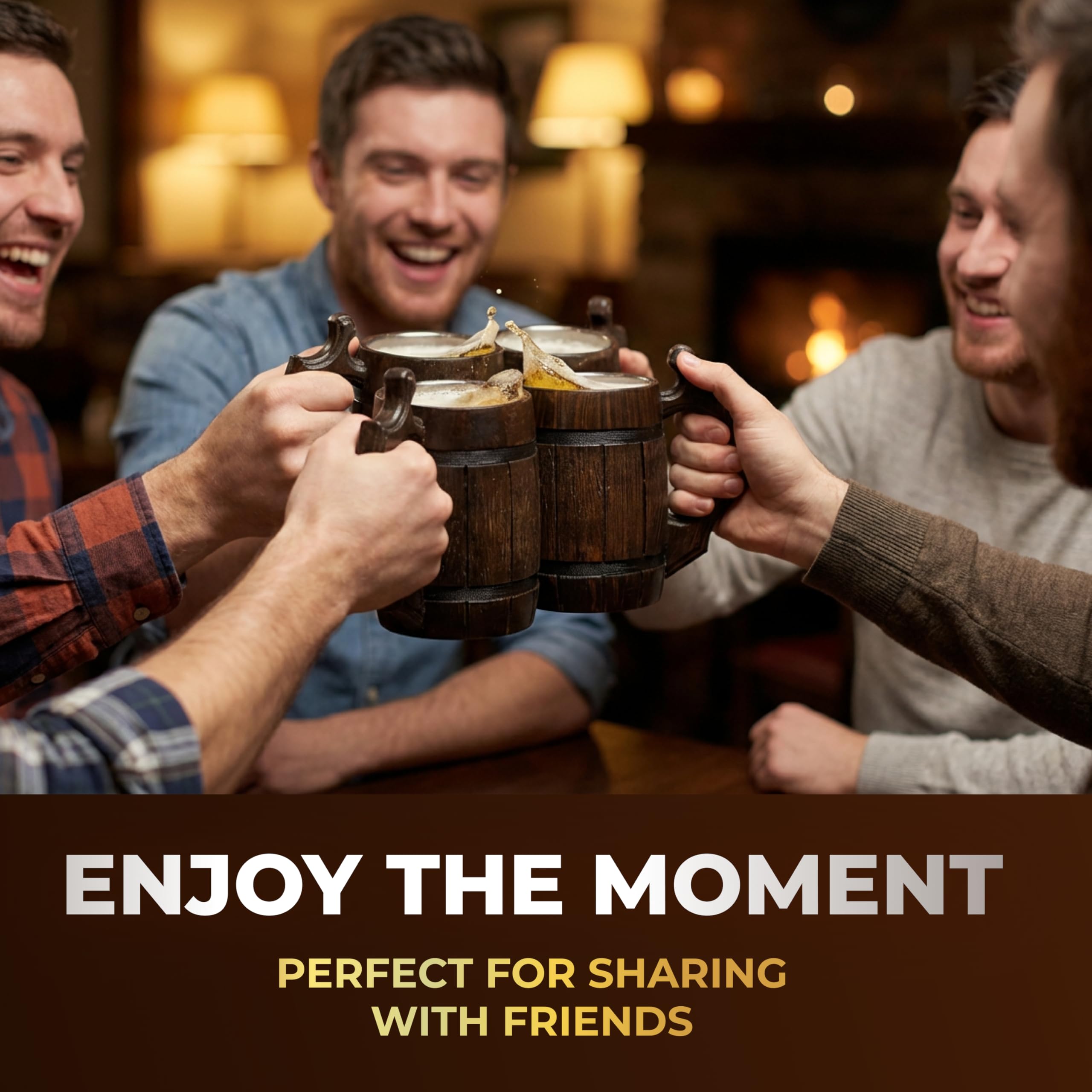 Juego de 6 tazas de cerveza hechas a mano de madera de acero inoxidable natural para hombre, diseño de barril redondo marrón