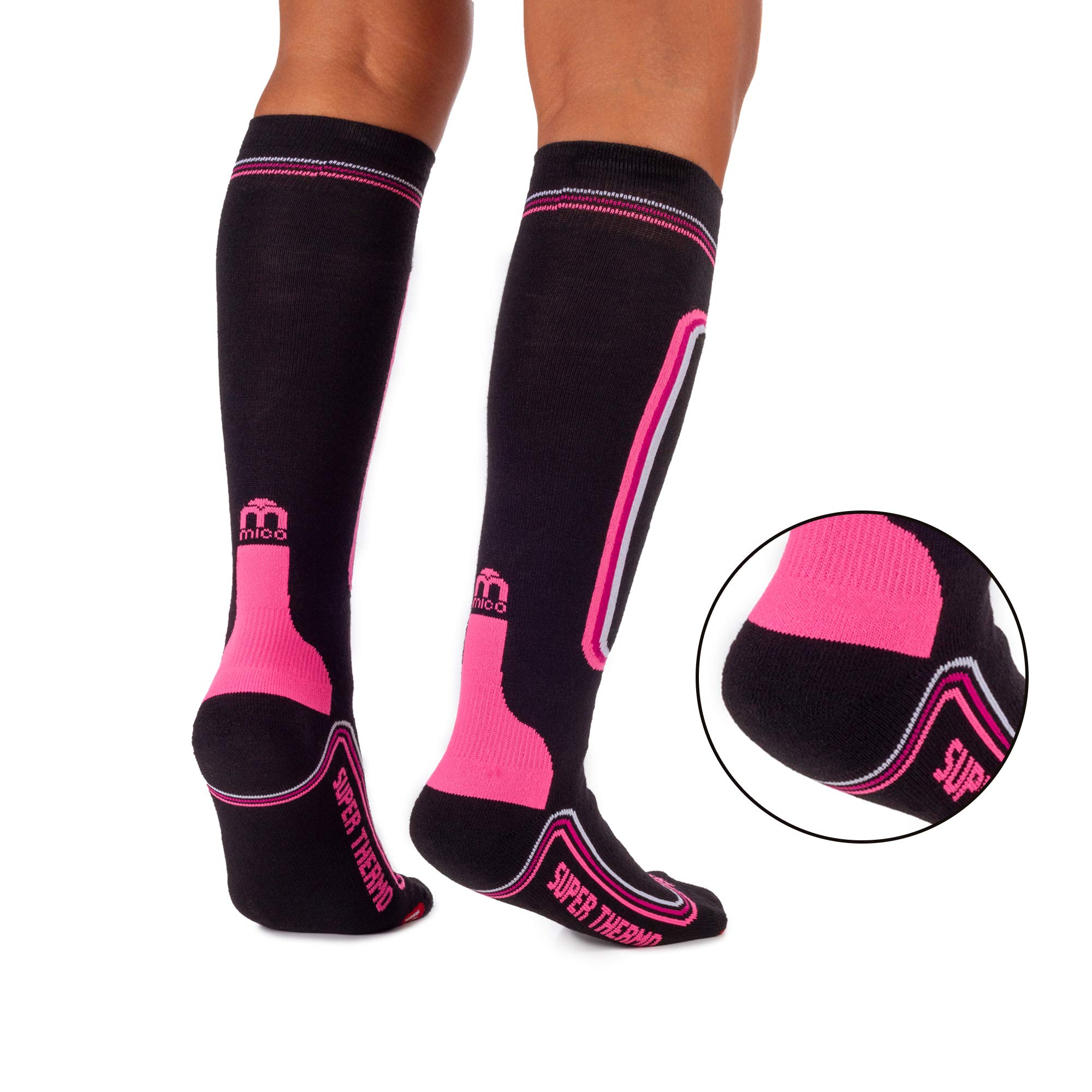 MICO CALCETINES DE ESQUI' SUPERTHERMO PRIMALOFT en Tejido de Polipropileno Micotex + Fibra LYCRA, 100% Made in Italy, Pesado y con Poder Aislante, para Mujeres Deportes, en Color Negro Pùrpura Fluo
